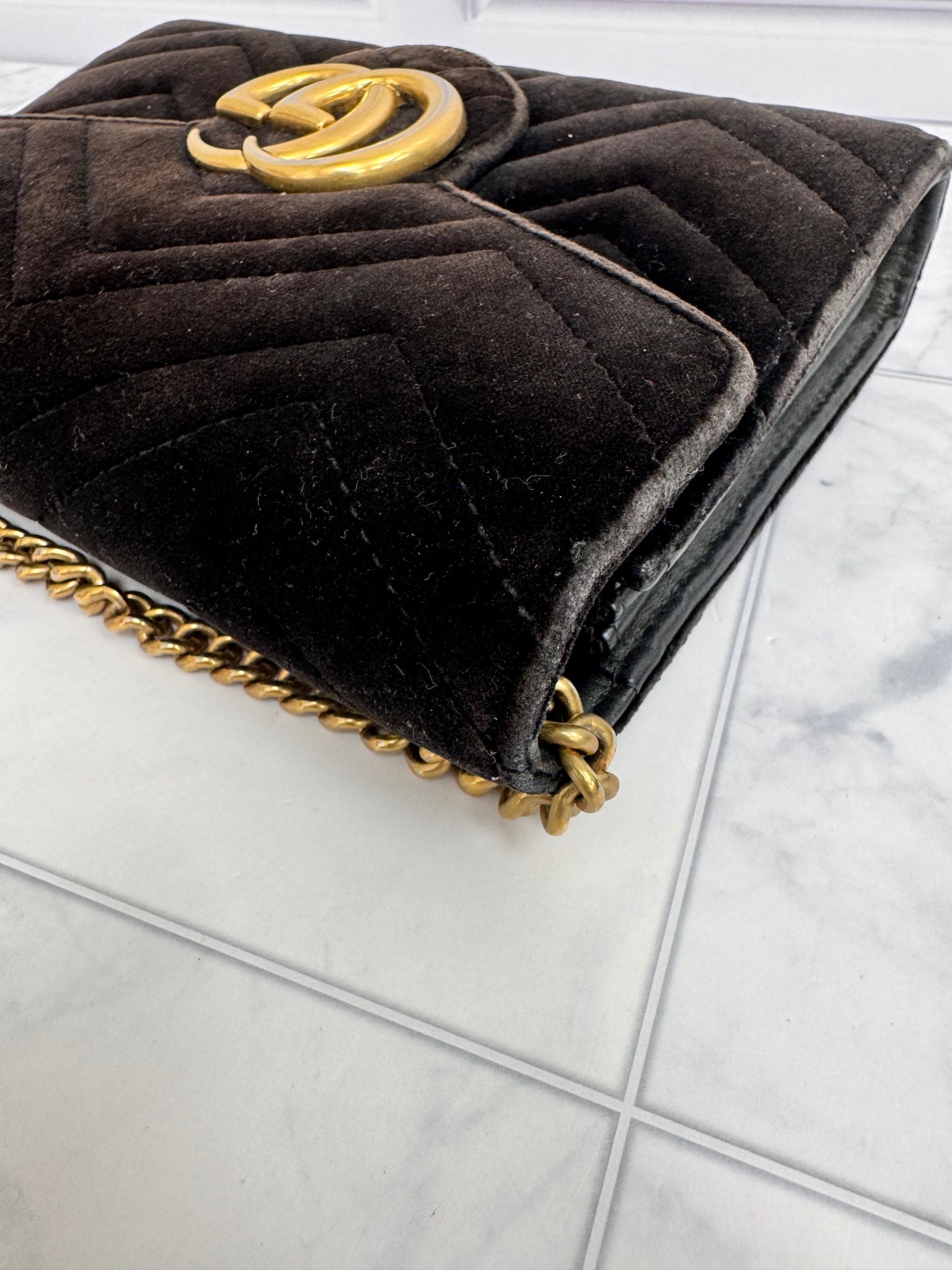 Gucci Black Chevron Quilted Velvet GG Marmont Crossbody Bag
