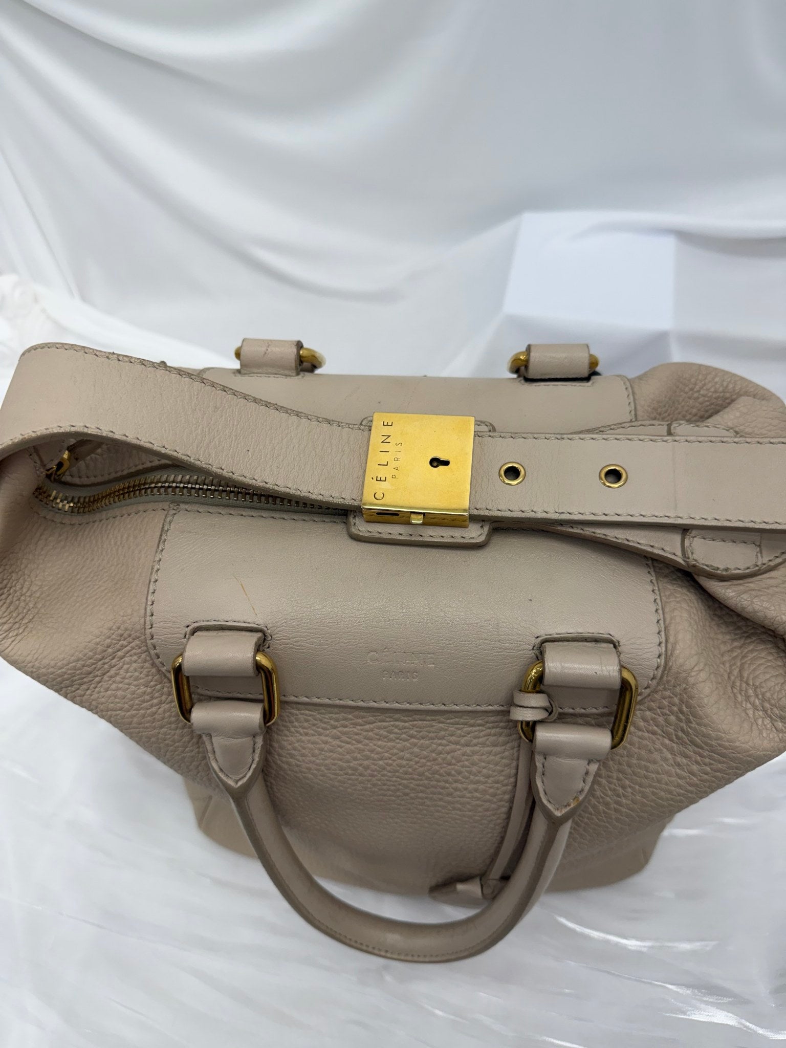 Celine Cream Pebbled Leather Top Handle Lock Bag