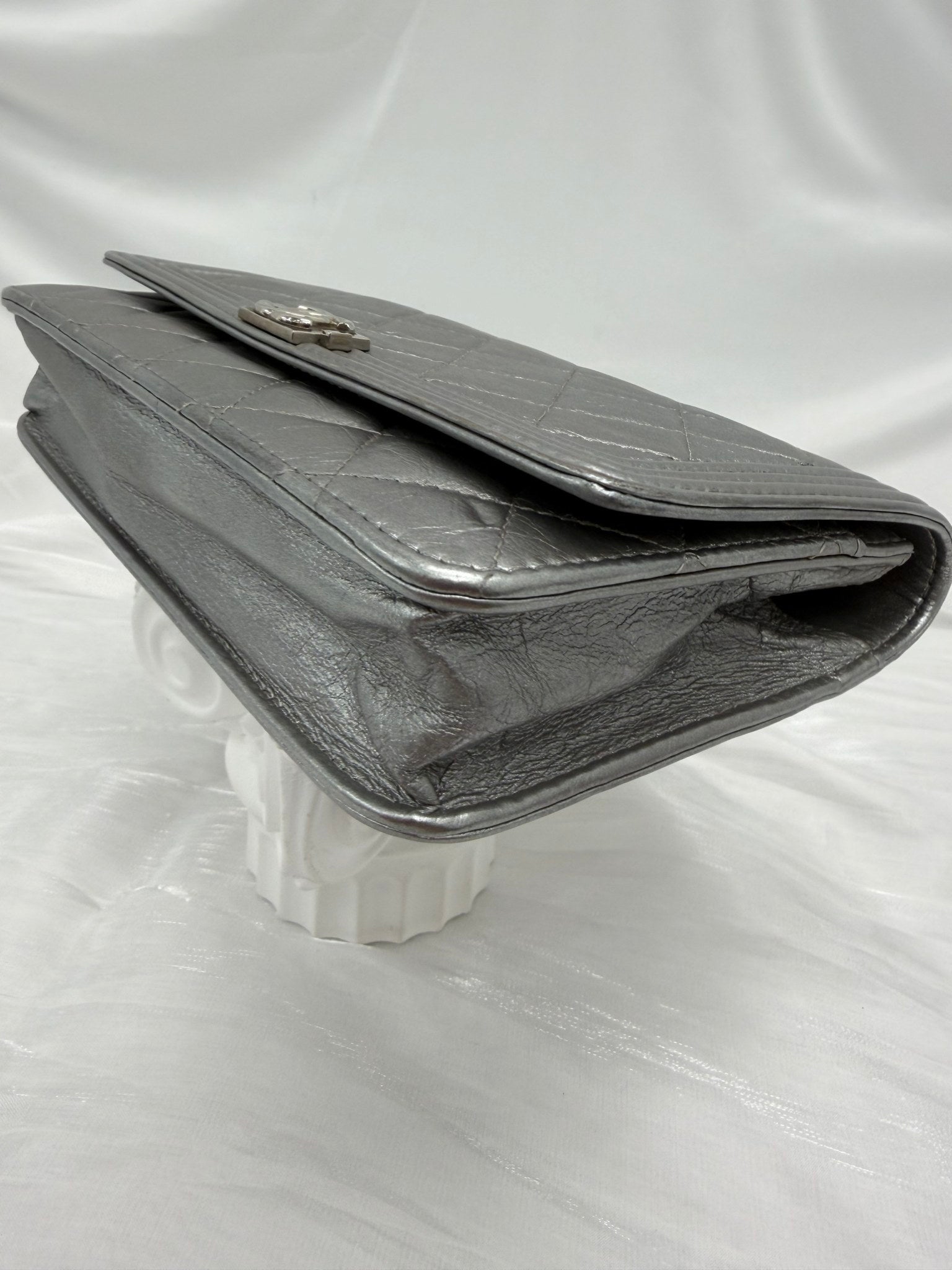 Chanel Silver Quilted Calfskin Boy Wallet on a Chain