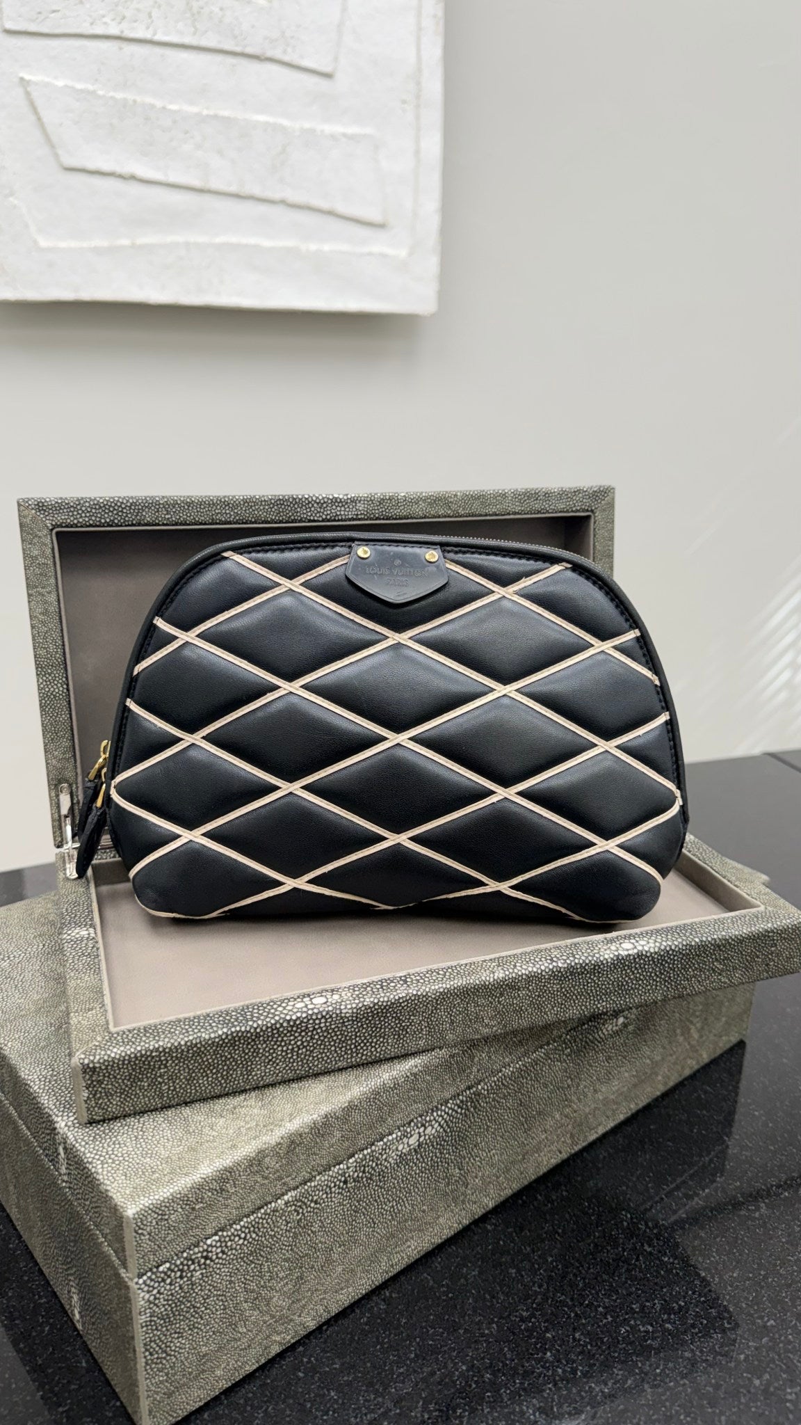 Louis Vuitton Black & White Leather Malletage Cosmetic Pouch