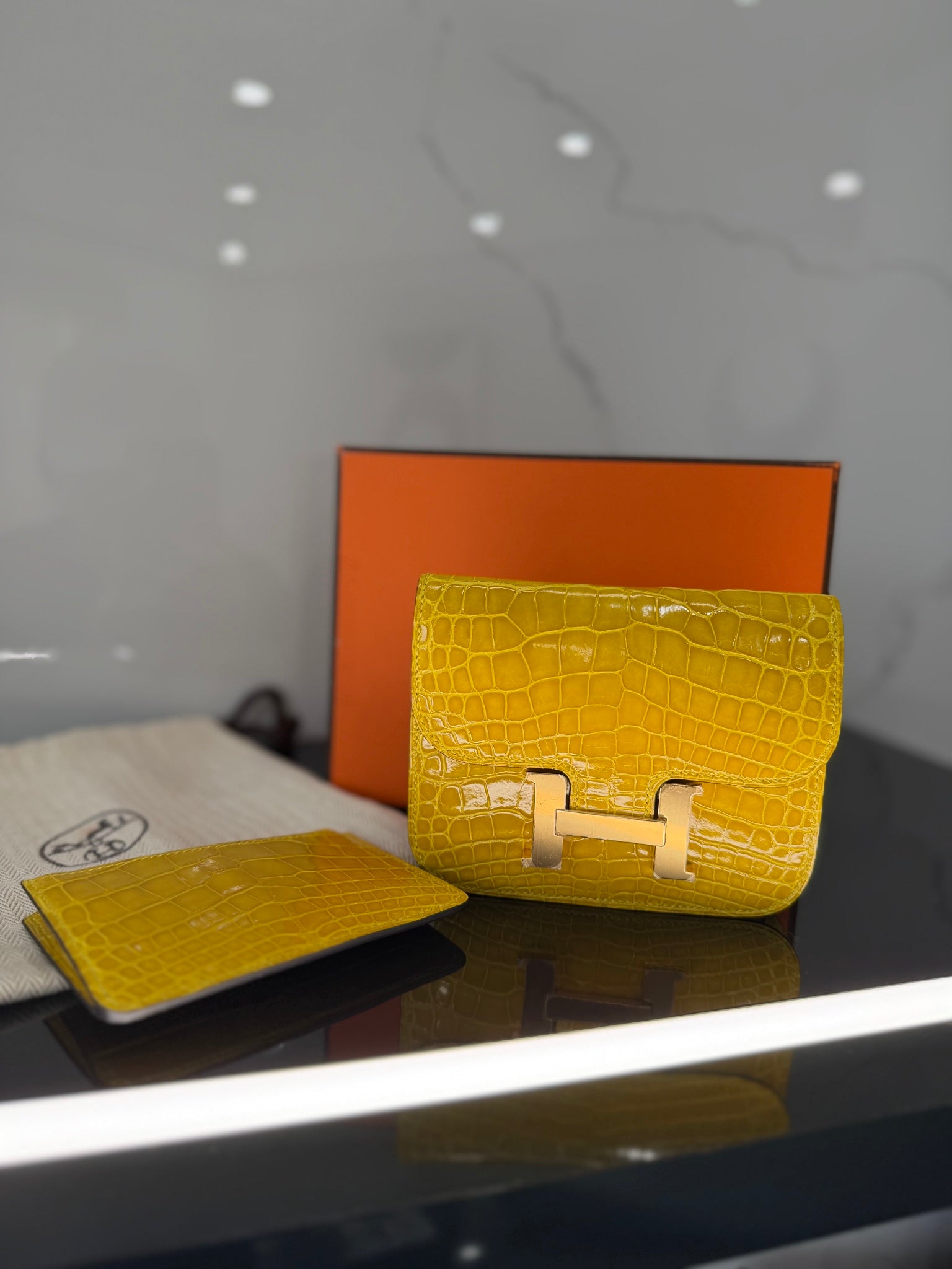 BRAND NEW- Hermes Yellow Shiny Alligator Slim Constance Wallet