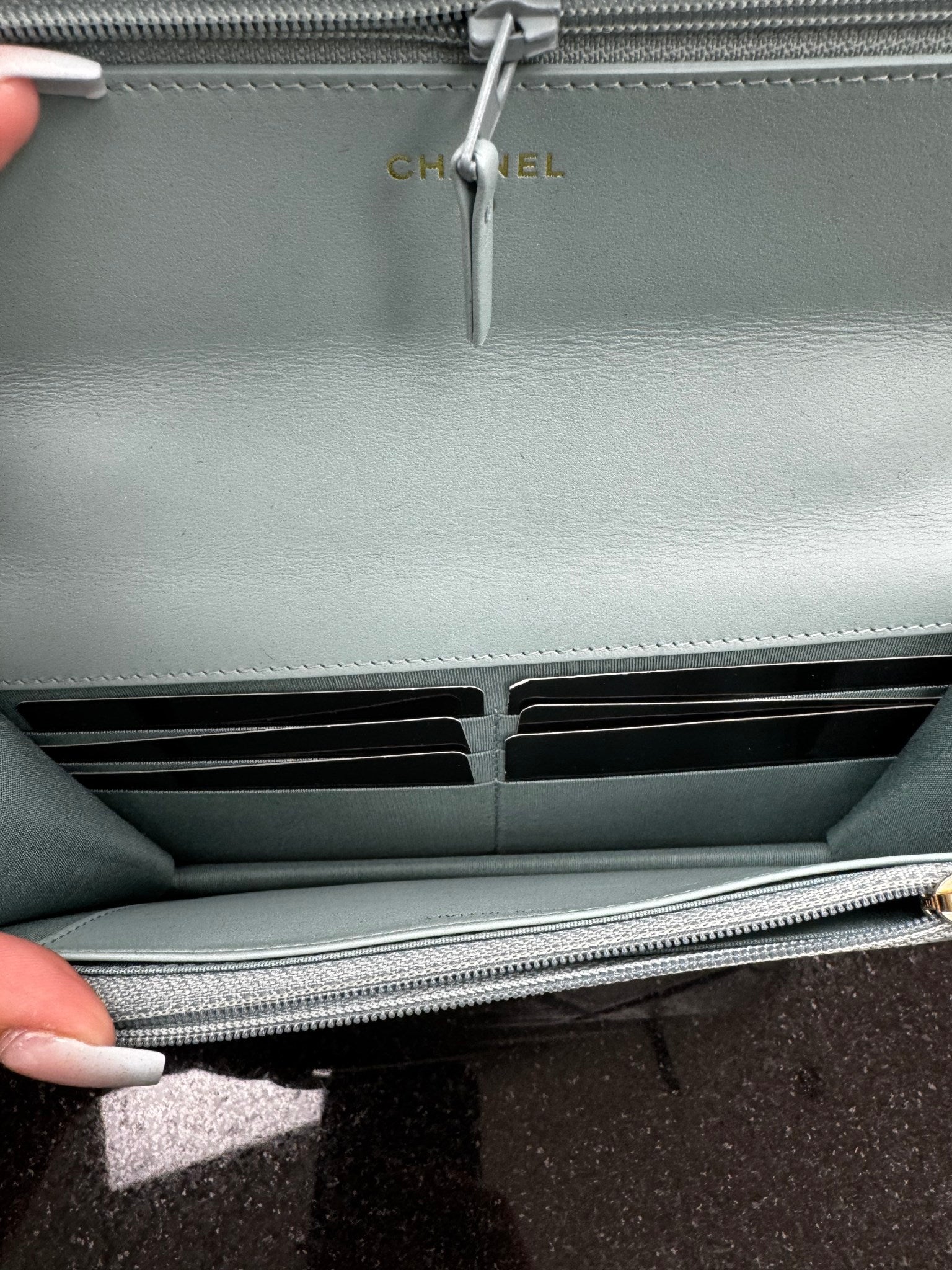 Chanel 19 Teal Quilted Lambskin Leather Wallet On A Chain