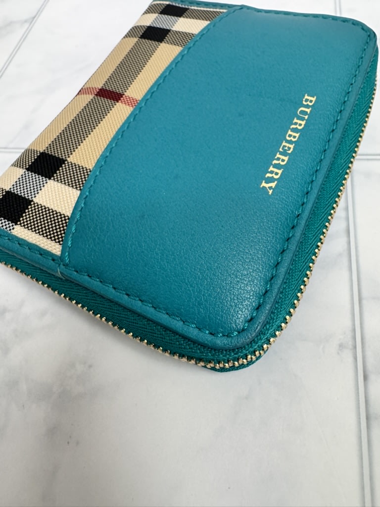 Burberry Teal House Check Canvas And Leather Compact Zippy Wallet