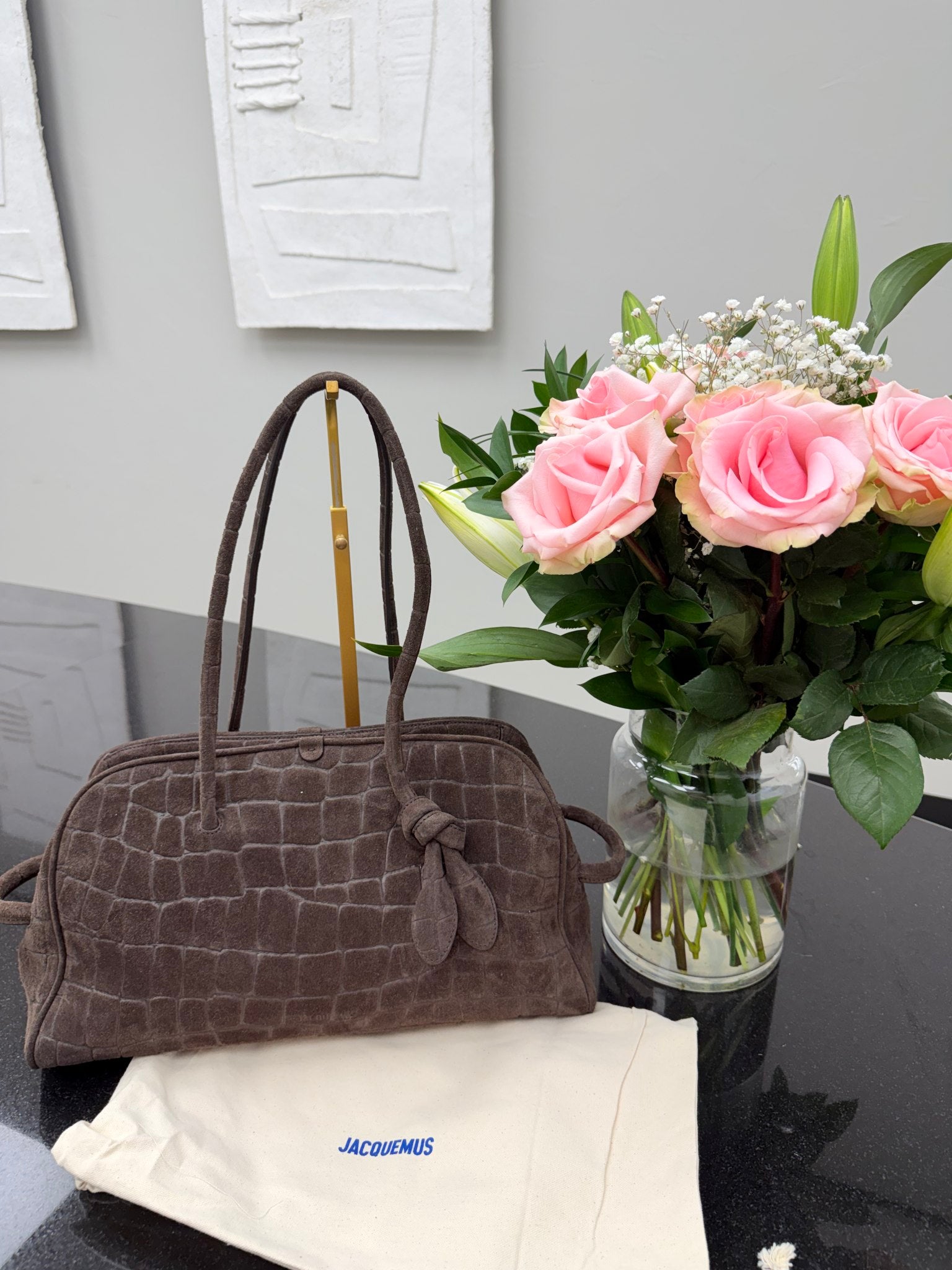 BRAND NEW - Jacquemus Chocolate Brown Croc Embossed Suede Leather Le Turismo Shoulder Bag