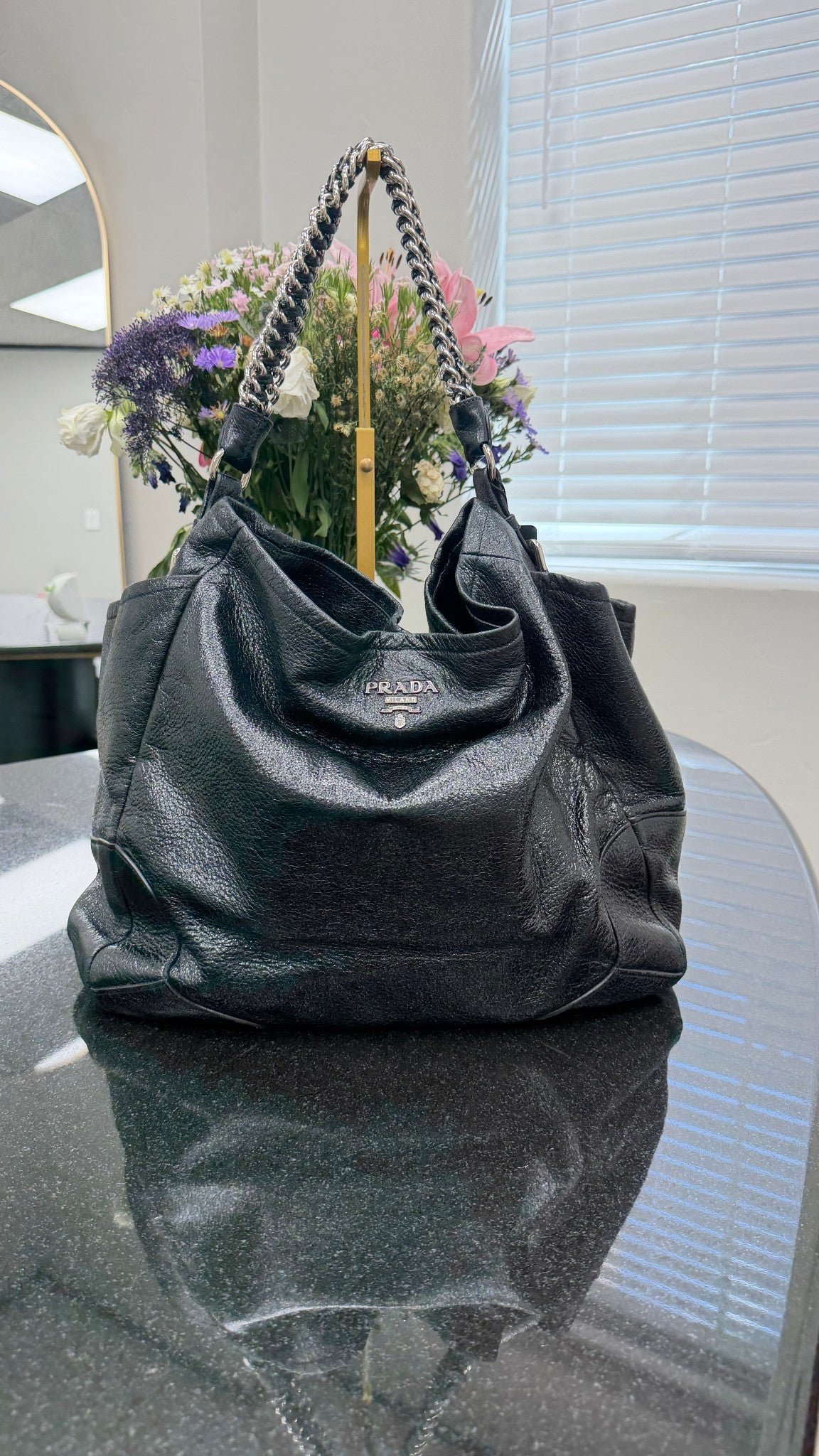Prada Black Glazed Crinkle Leather Hobo Chain Shoulder Bag