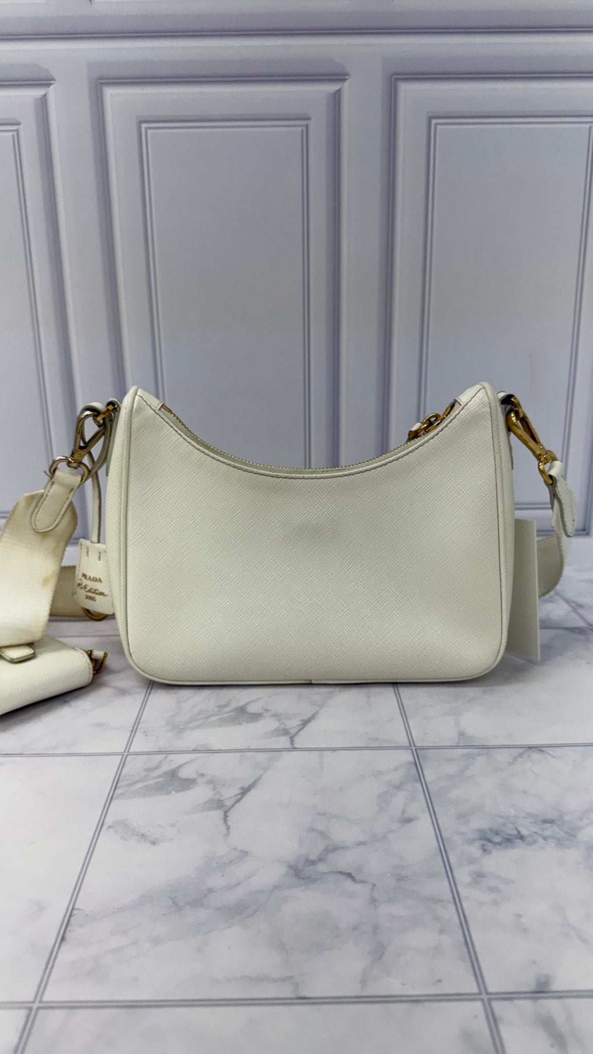 Prada White Saffiano Leather Reissue Shoulder Bag