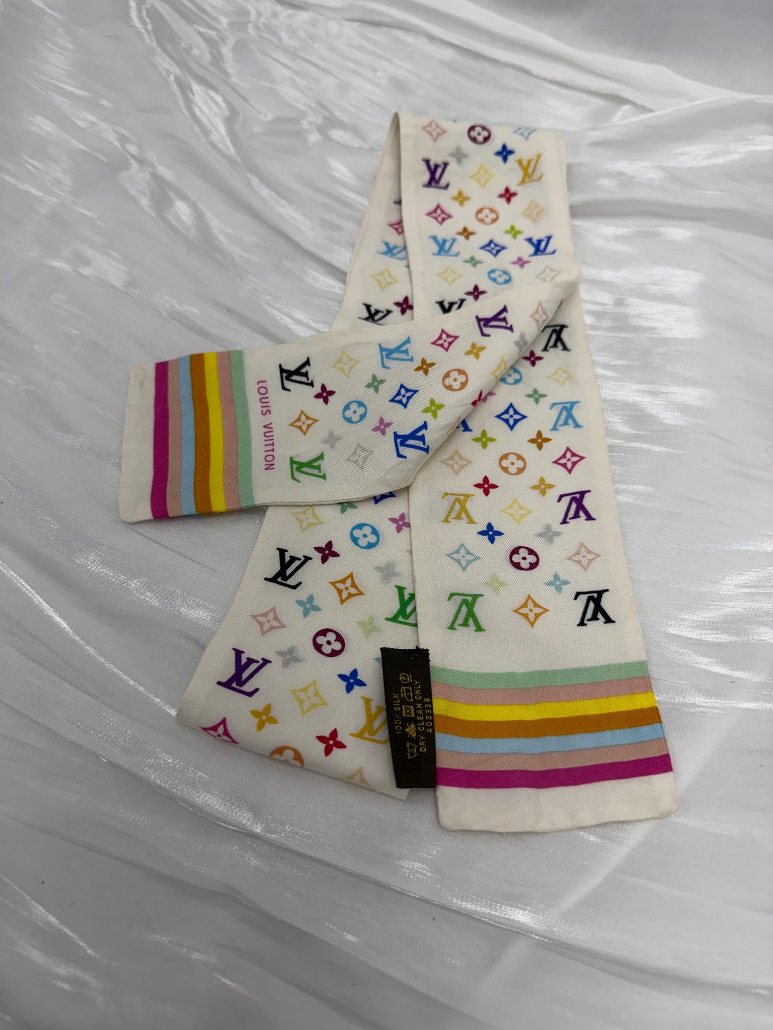 Louis Vuitton White Multicolore Monogram Silk Twilly