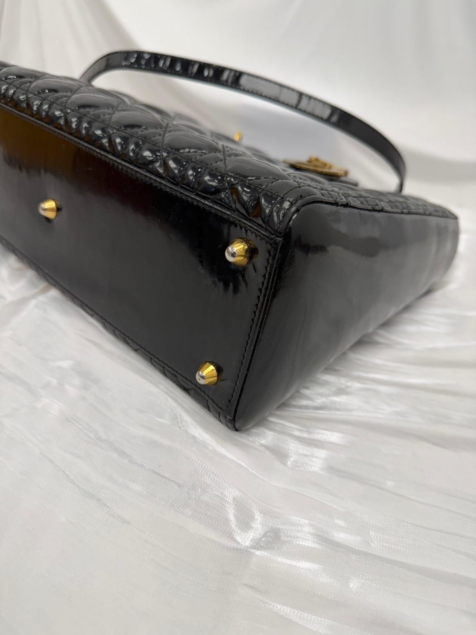 Christian Dior Vintage Black Patent Leather Cannage Large Lady Dior Handbag