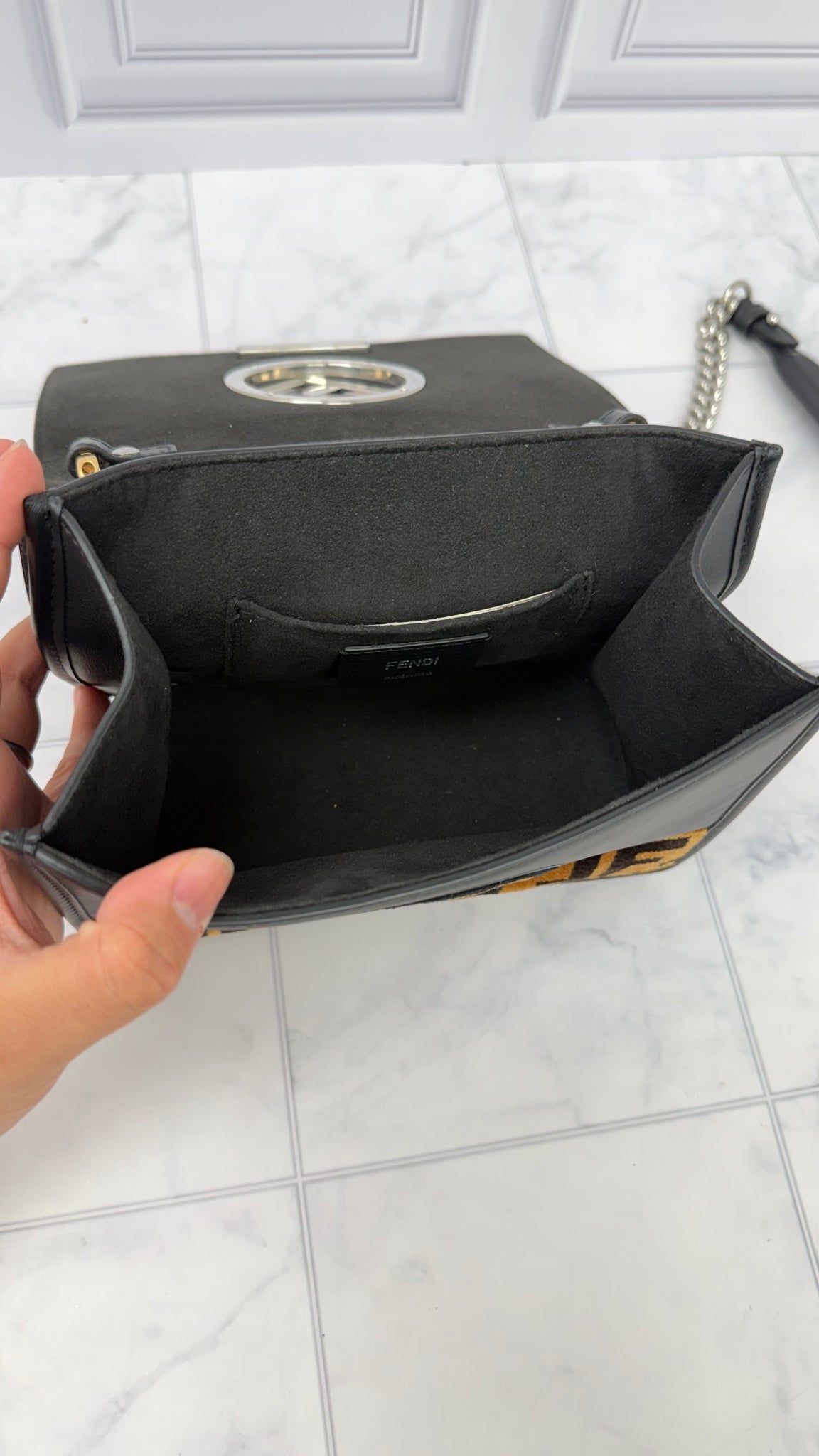 Fendi Black Leather Brown Zucca Velvet Kan I F Shoulder Bag