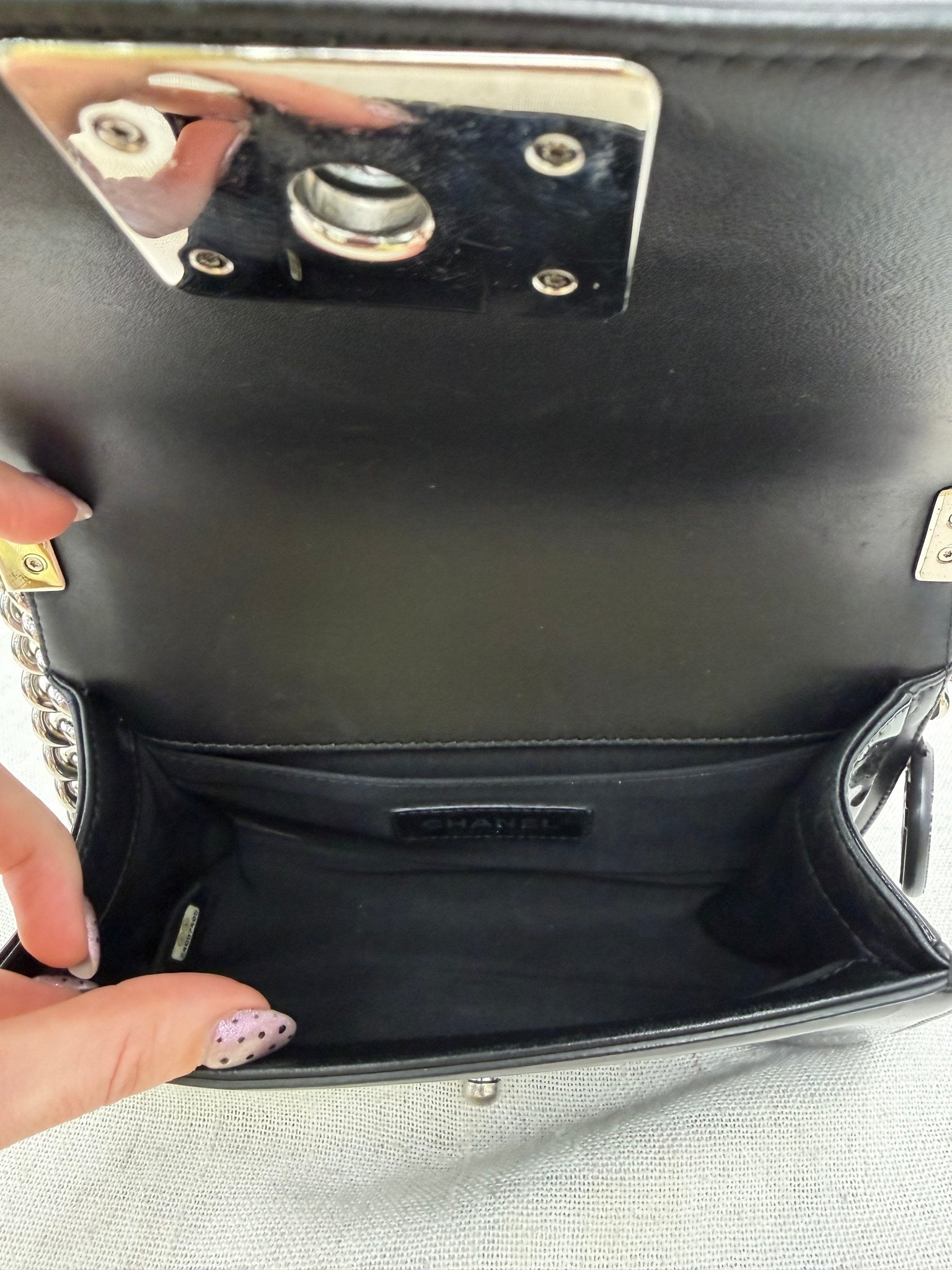 Chanel Black Patent Leather & Silver Glitter PVC Chevron Small Boy Bag