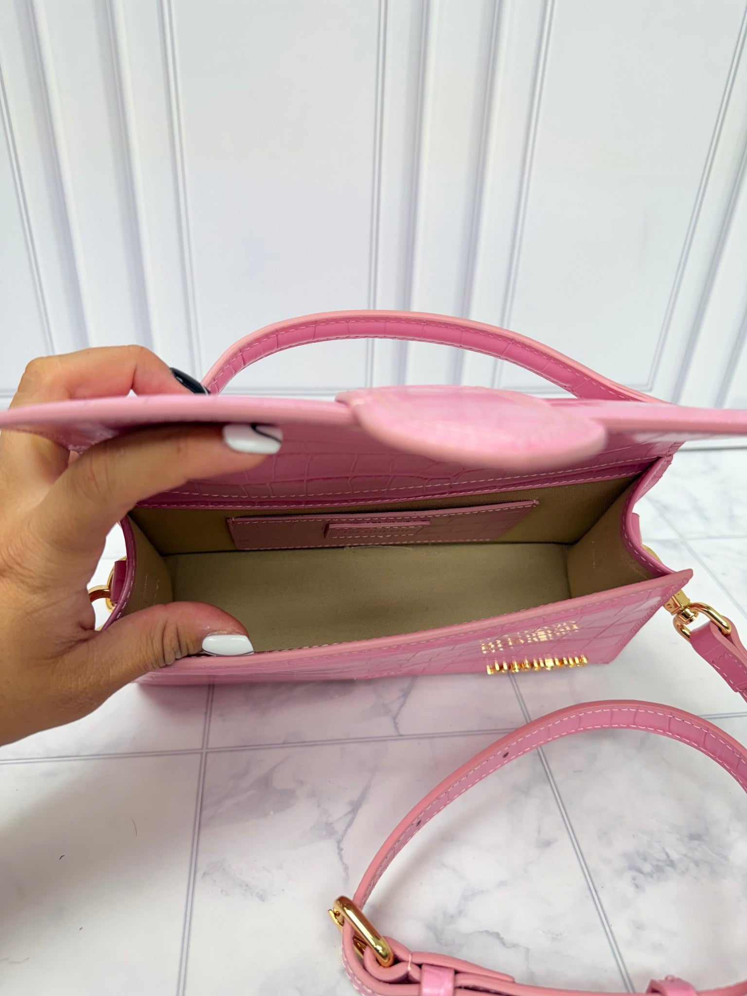 BRAND NEW - Jacquemus Pink Croc Embossed Leather Le Grand Bambino Handbag 2Way Handbag