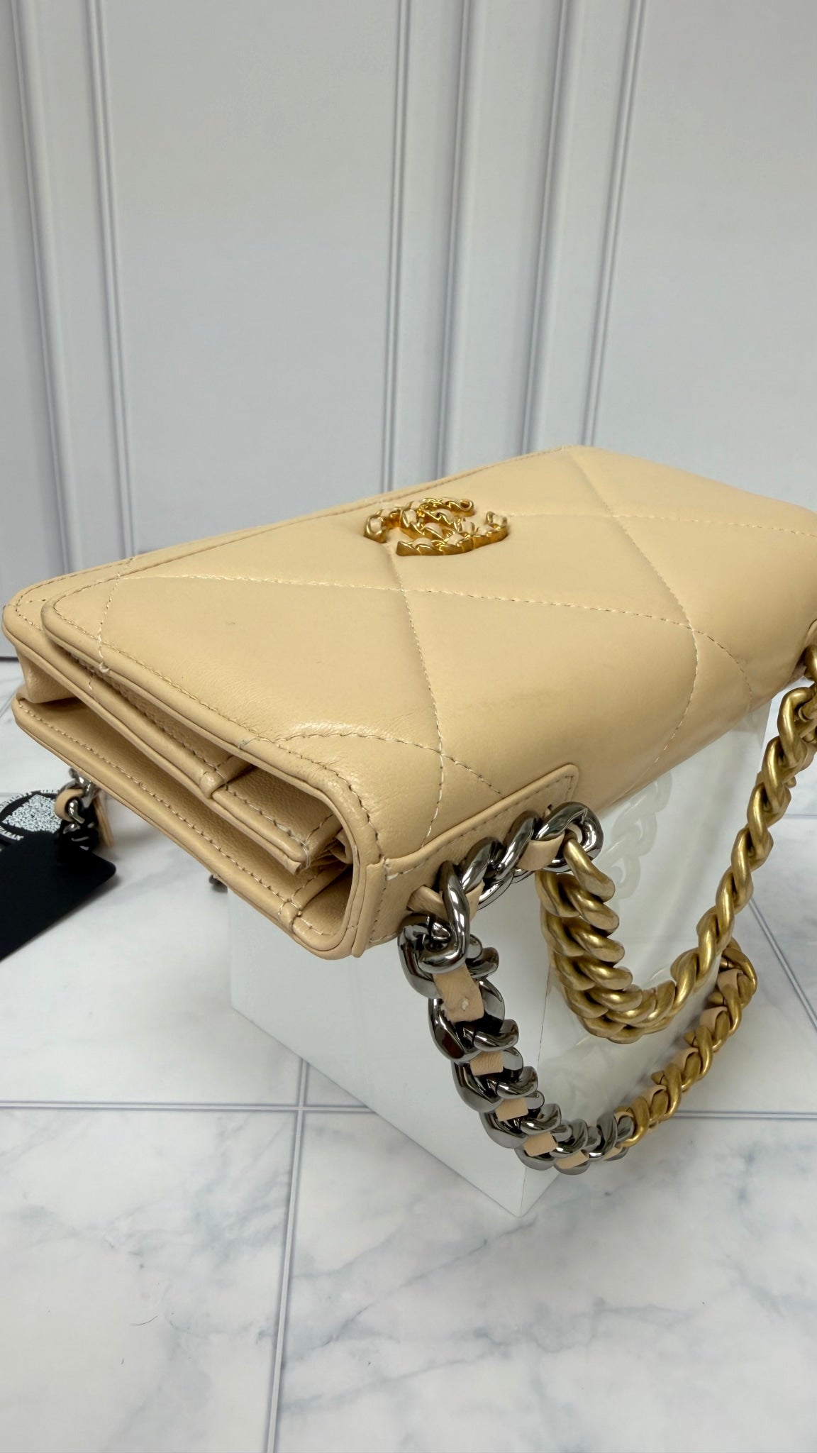 Chanel Beige Quilted Lambskin Leather Chanel 19 Wallet On A Chain