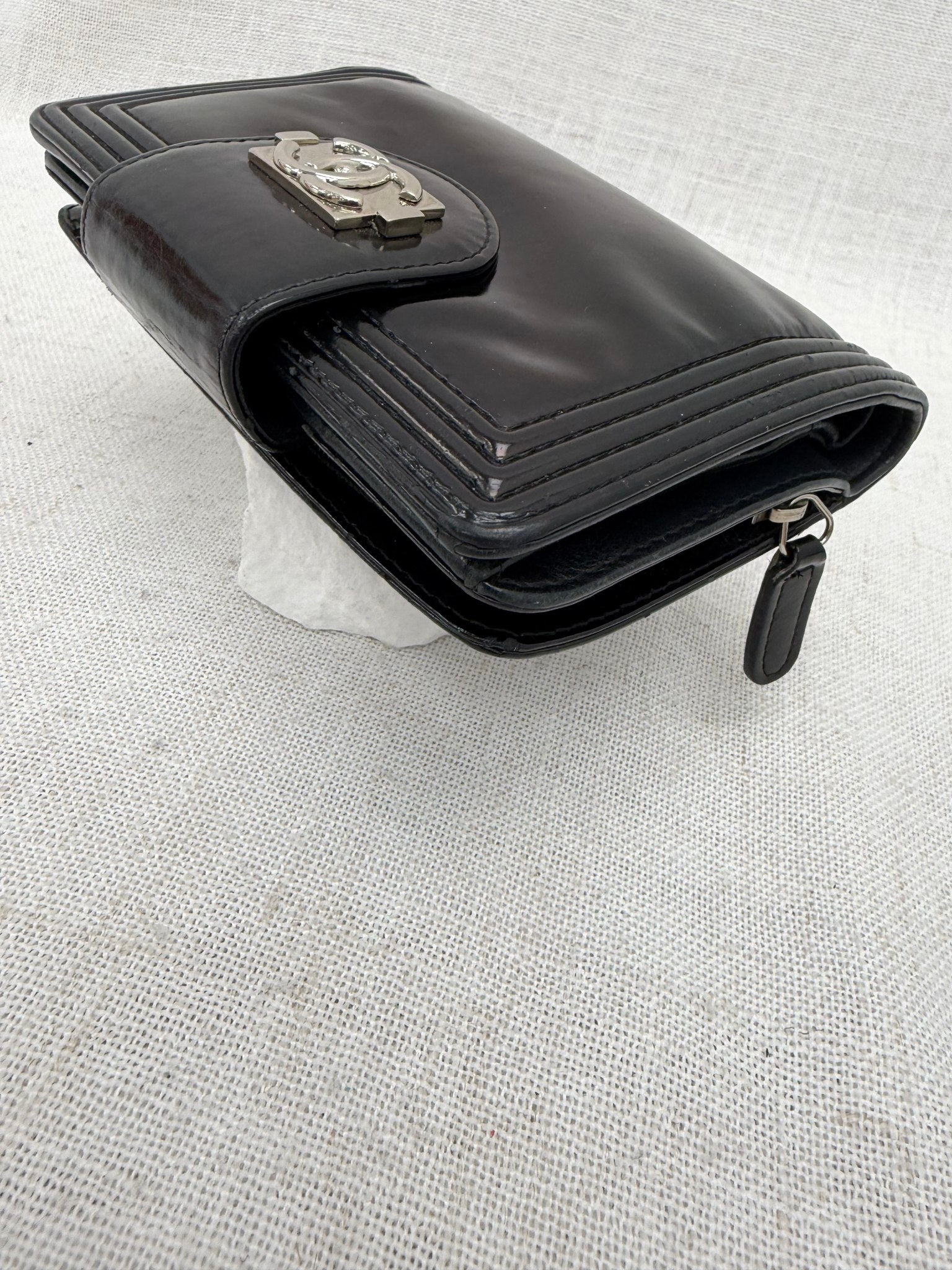 Chanel Black Patent Leather Boy Compact Wallet