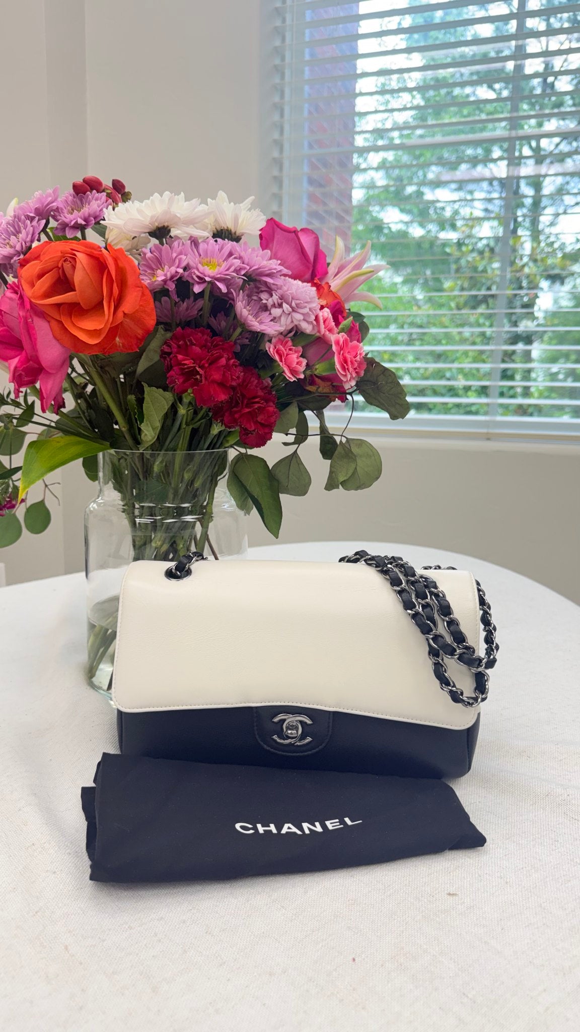 Chanel Black And White Leather Classic Double Flap Bag