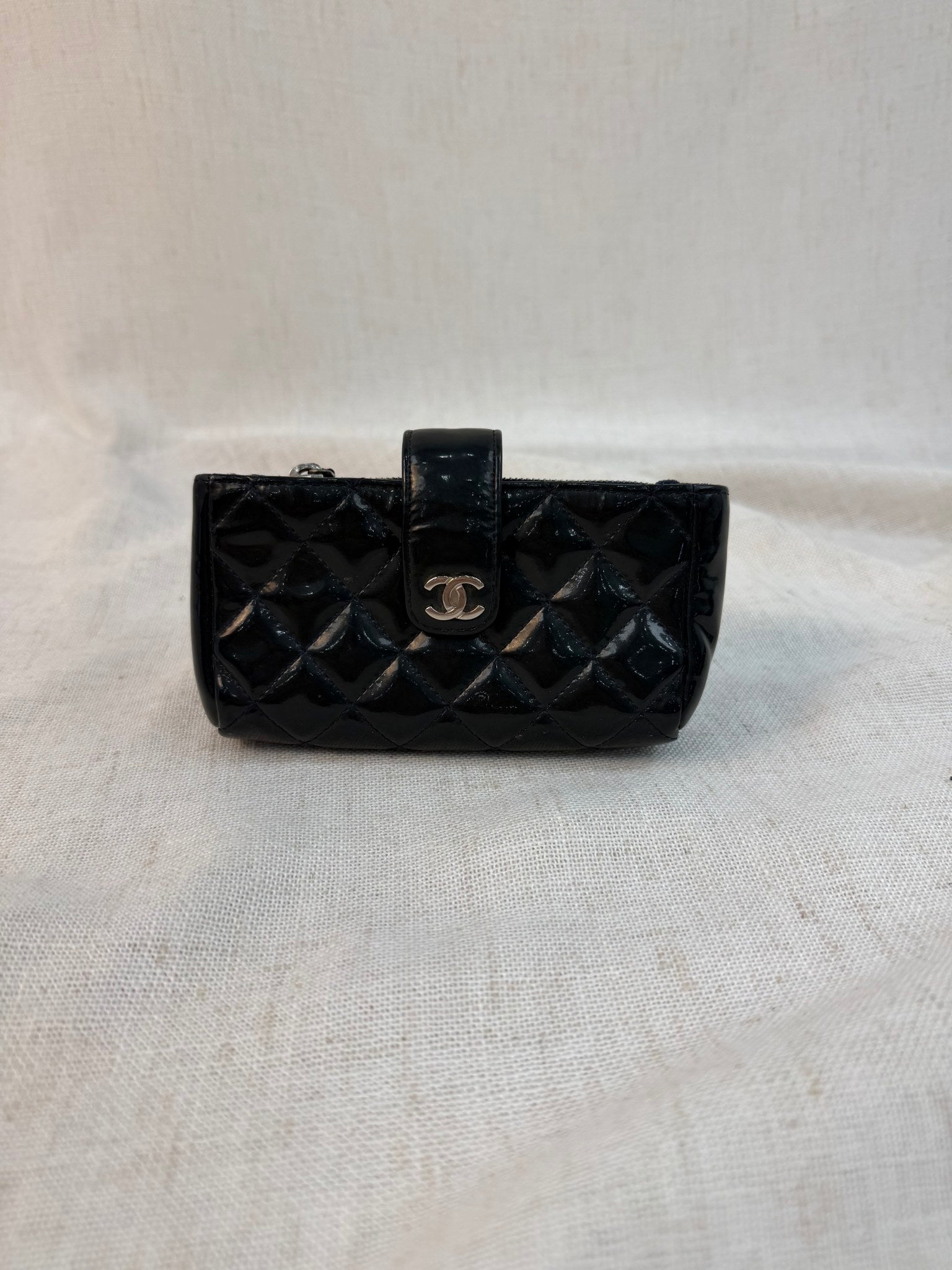 Chanel Navy Patent Leather Quilted Wallet Pouch