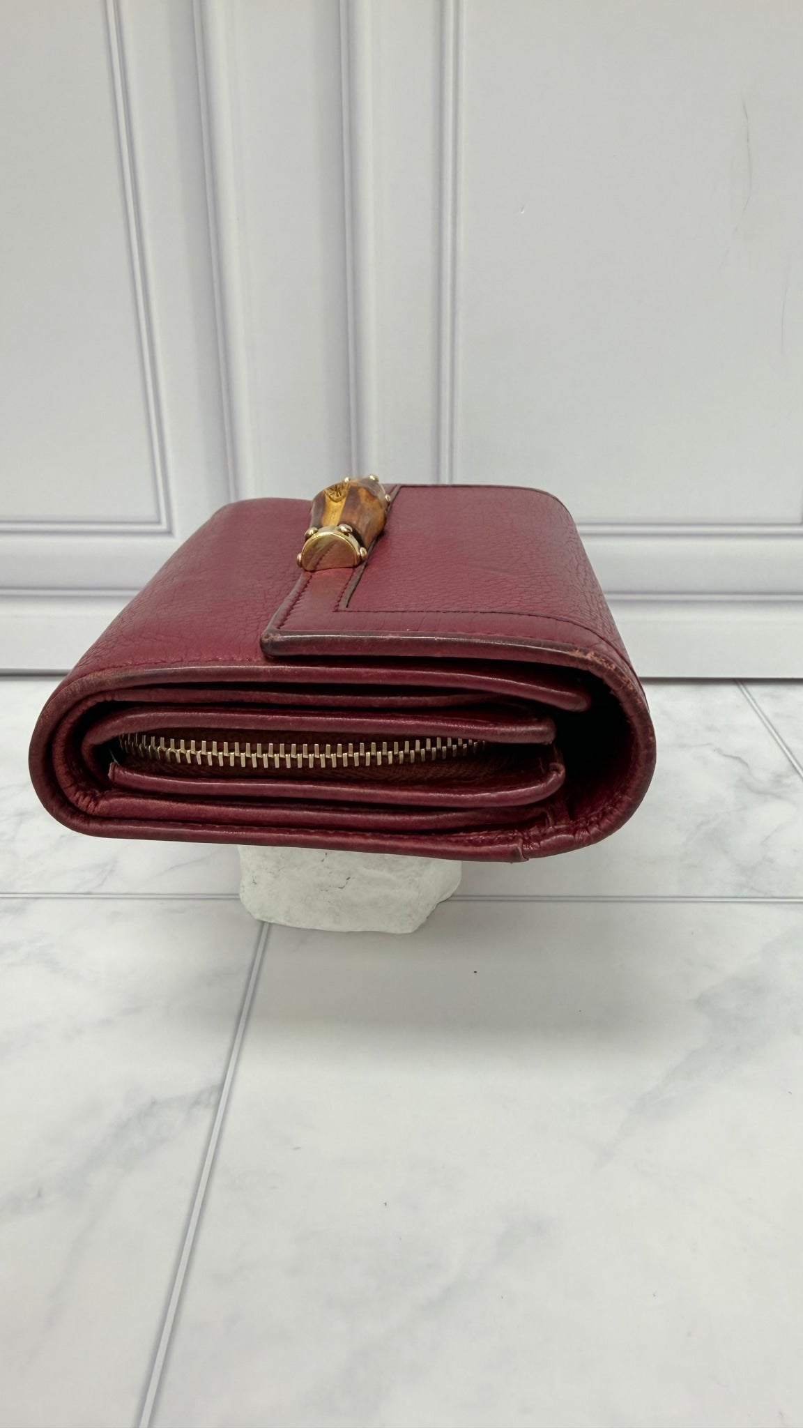 Gucci Burgundy Grained Leather Bamboo Trifold Wallet