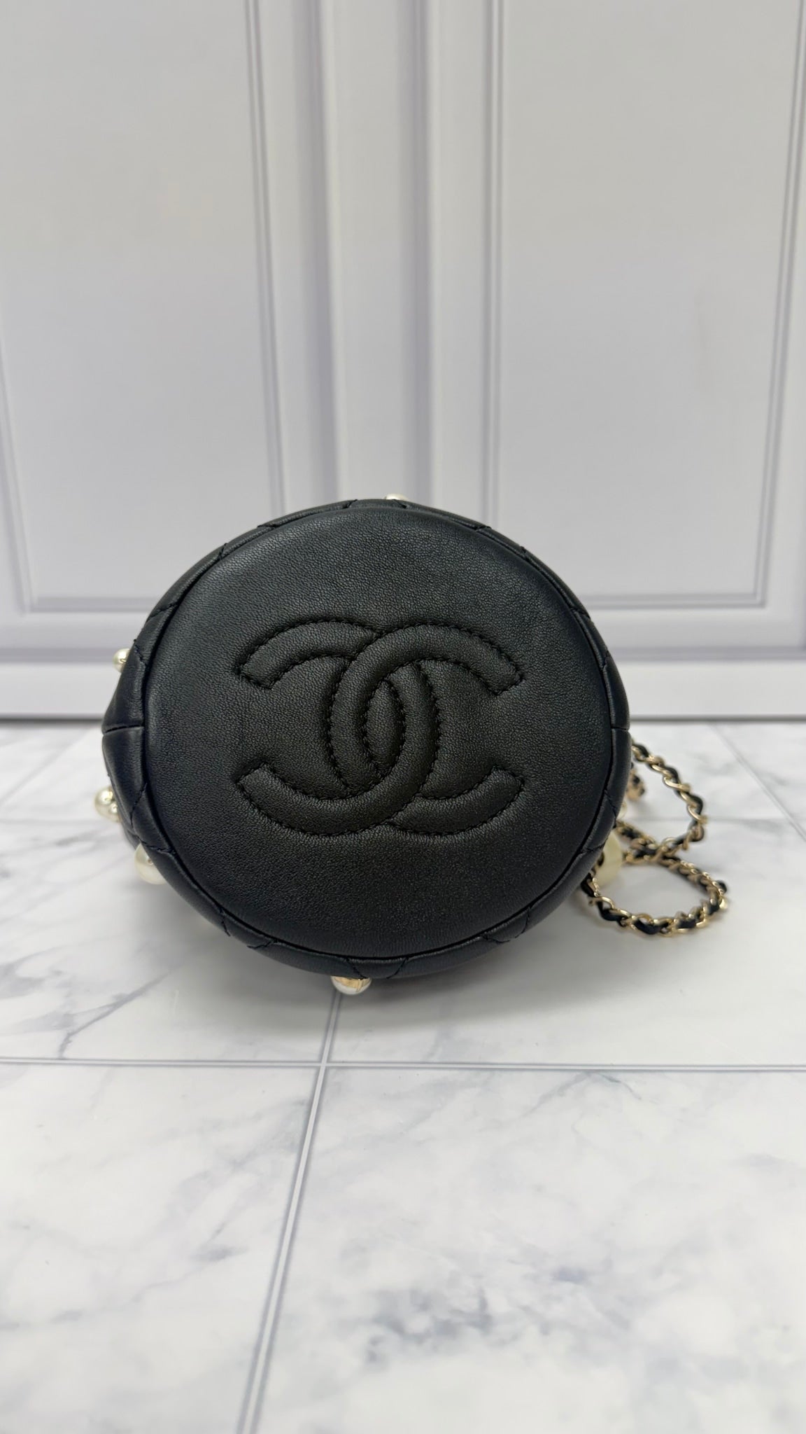 Chanel Black Quilted Lambskin Pearl Mini Bucket Bag