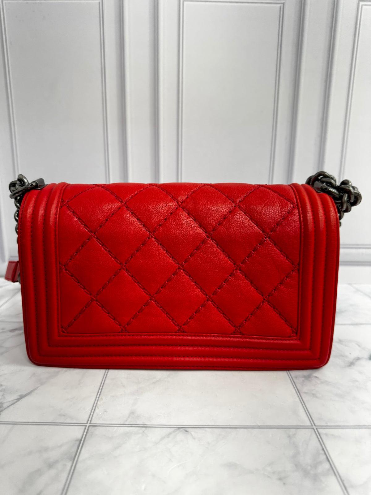 Chanel Red Calfskin Leather Wild Stitch Medium Boy Flap Bag