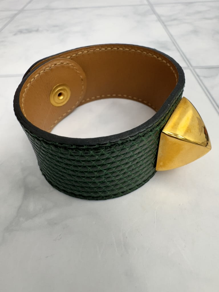 Hermes Green Lizard Skin Medor Stud Cuff Bracelet
