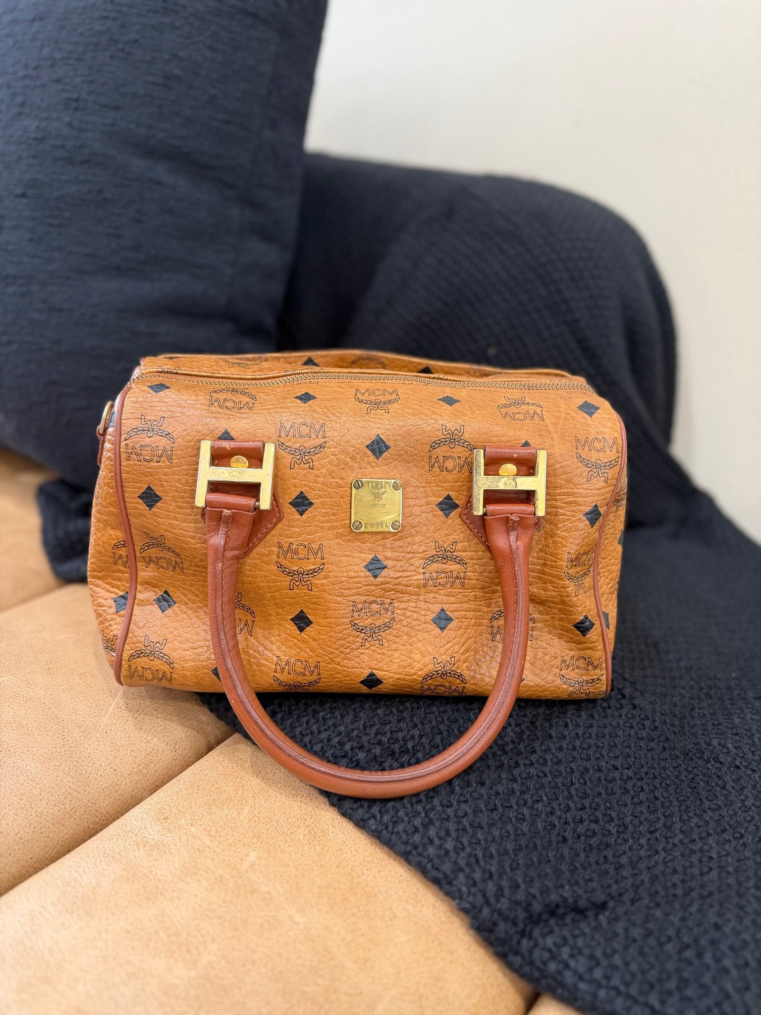 MCM Cognac Visetos Coated Canvas Small Heritage Boston Bag
