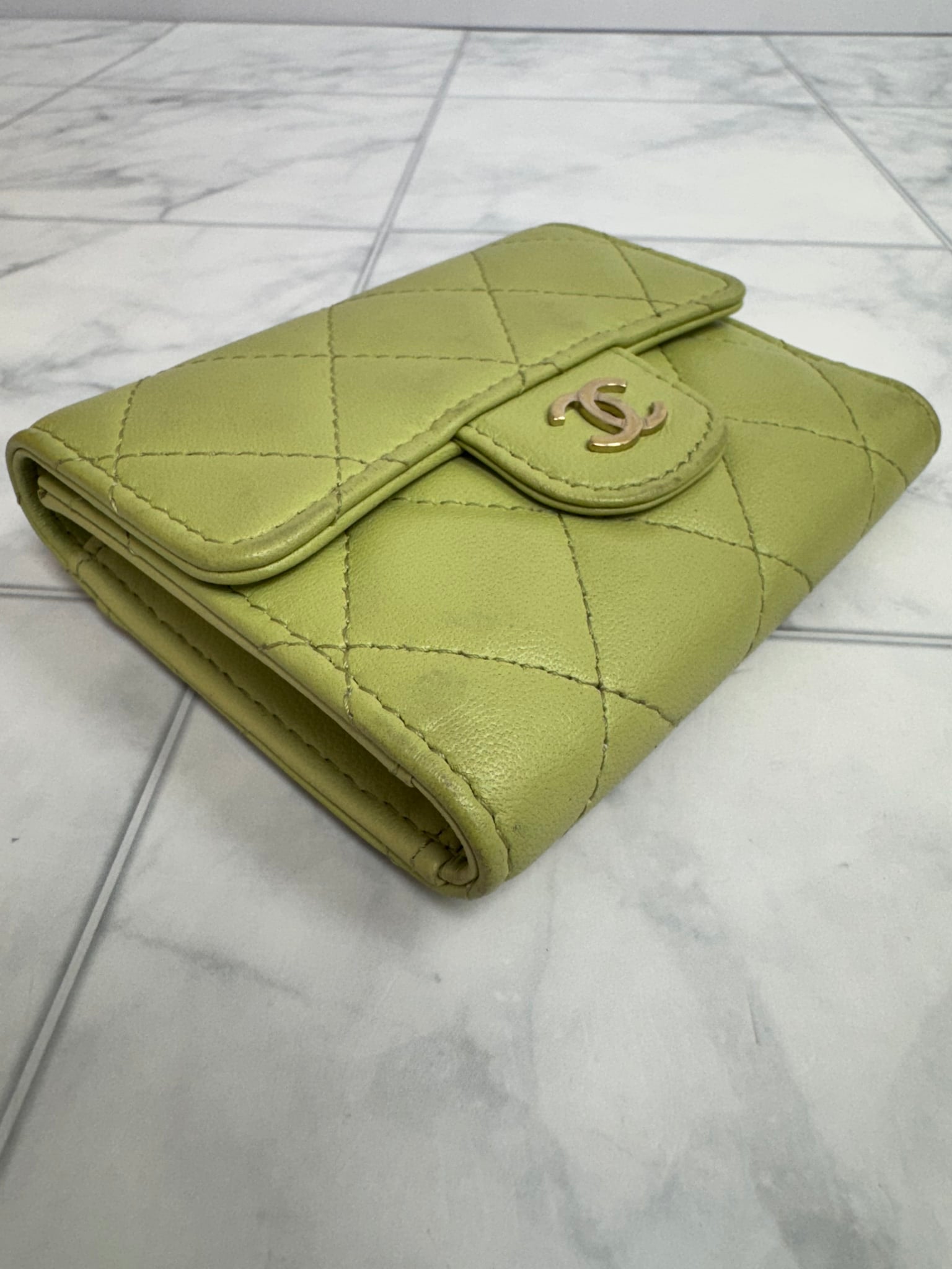 Chanel Green Diamond Quilted Leather Flap Compact Wallet