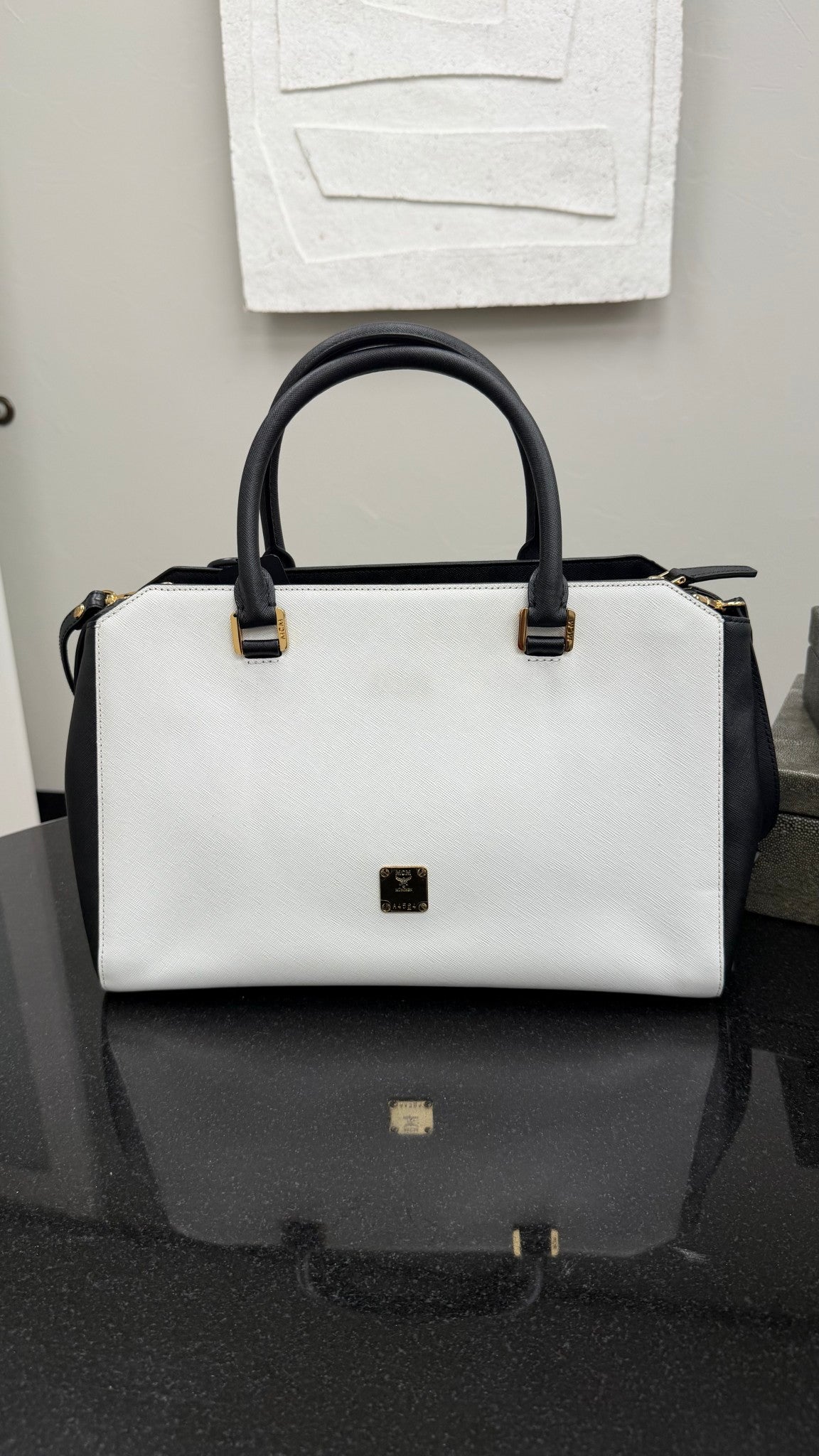 MCM White & Black Saffiano Leather Embellished Stud 2way Tote