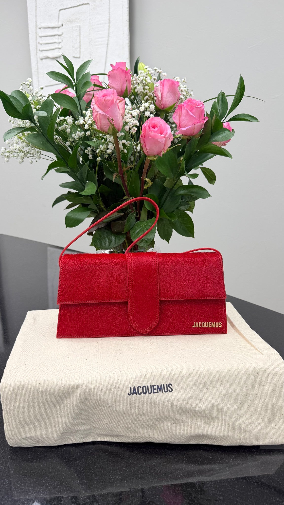 BRAND NEW - Jacquemus Red Pony Hair Le Bambino Long Shoulder Bag