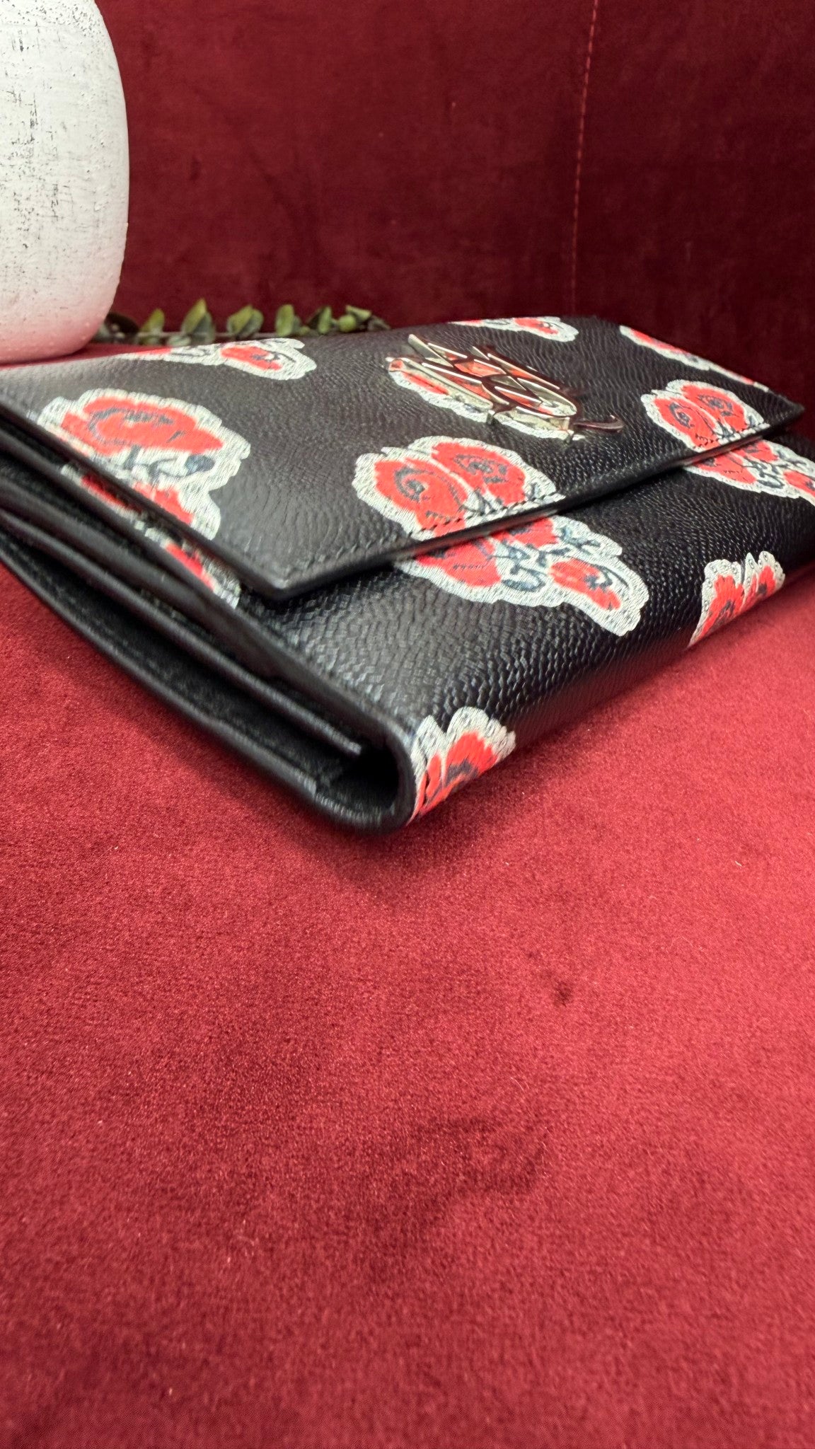Alexander McQueen Black Pebbled Leather Rose Printed Long Wallet
