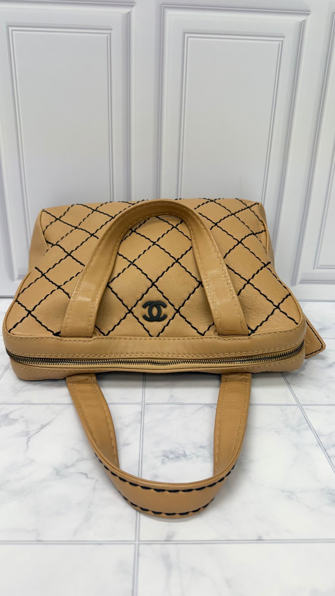 Chanel Beige Diamond Quilted Leather Surpique Medium Bowler Bag