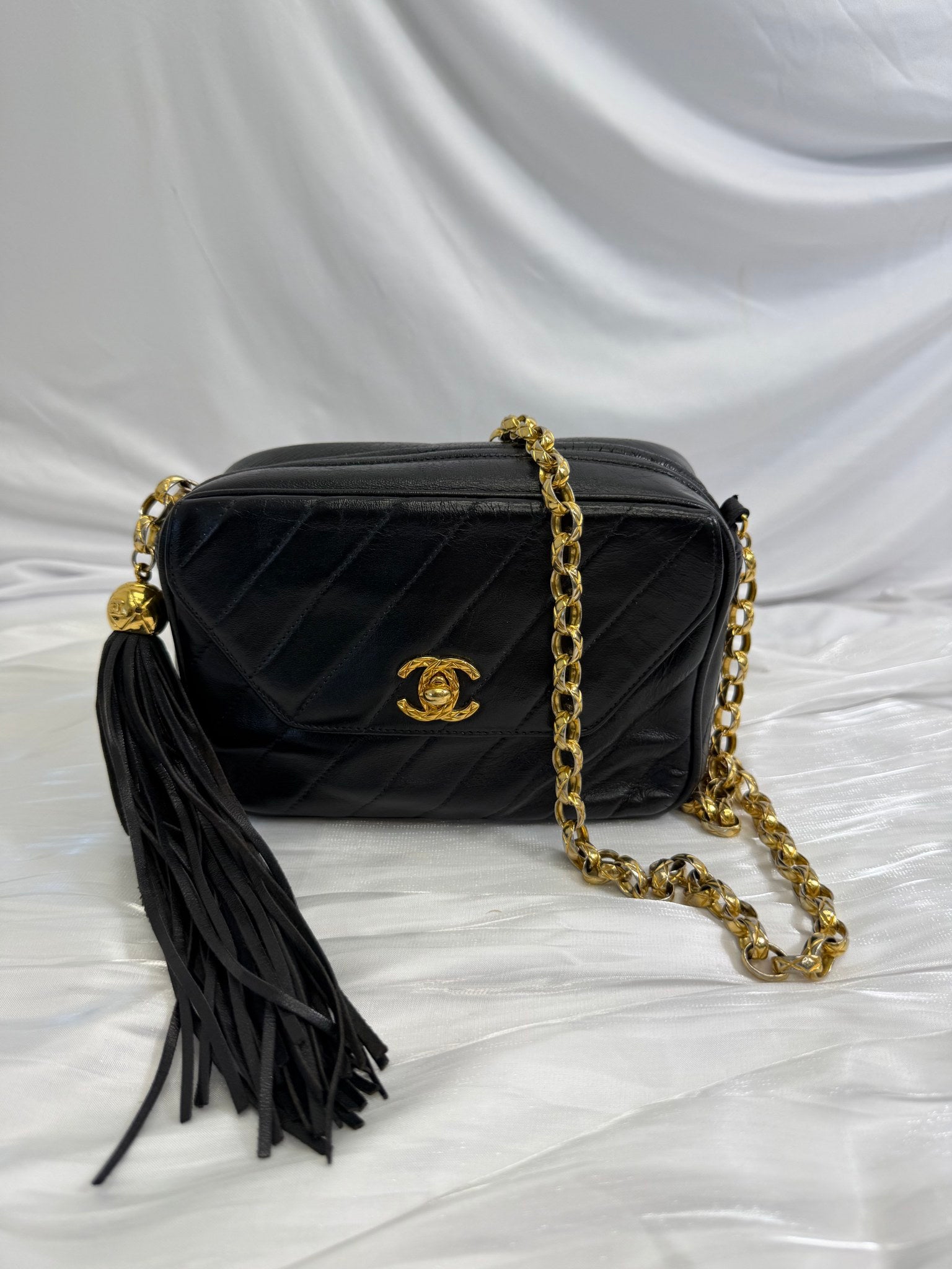 Chanel Black Lambskin Tassel Turnlock Camera Bag