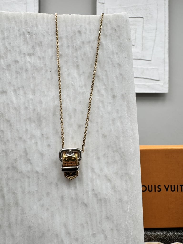 Louis Vuitton Gold Tone Nanogram Buckle Pendant Necklace