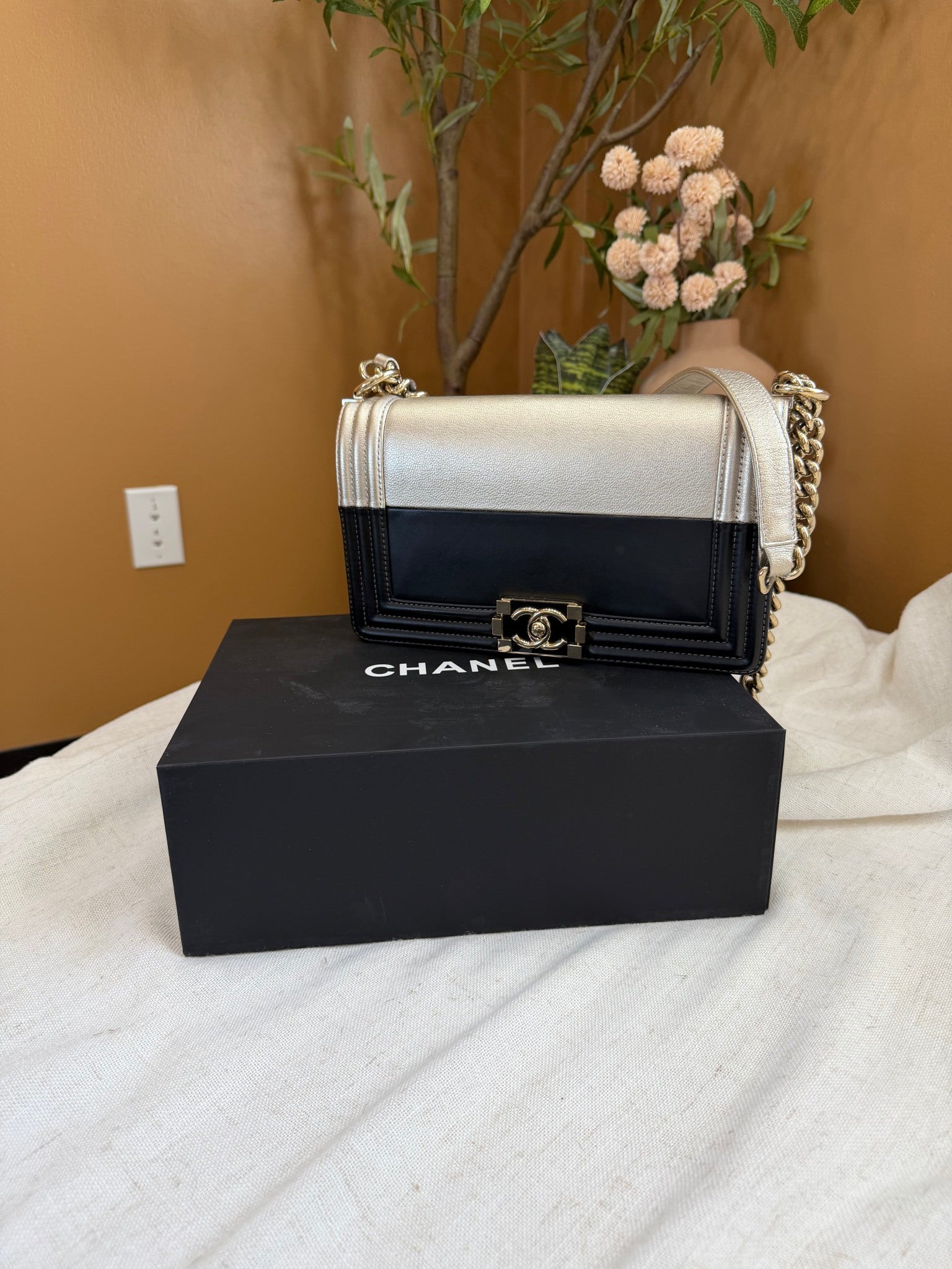 Chanel Black And Gold Calfskin Leather Boy Flap Bag