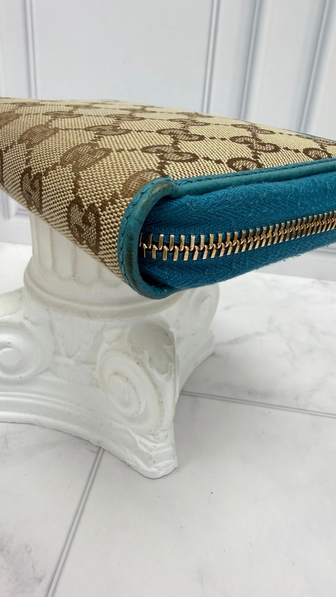 Gucci GG Canvas & Teal Leather Compact Zippy Wallet