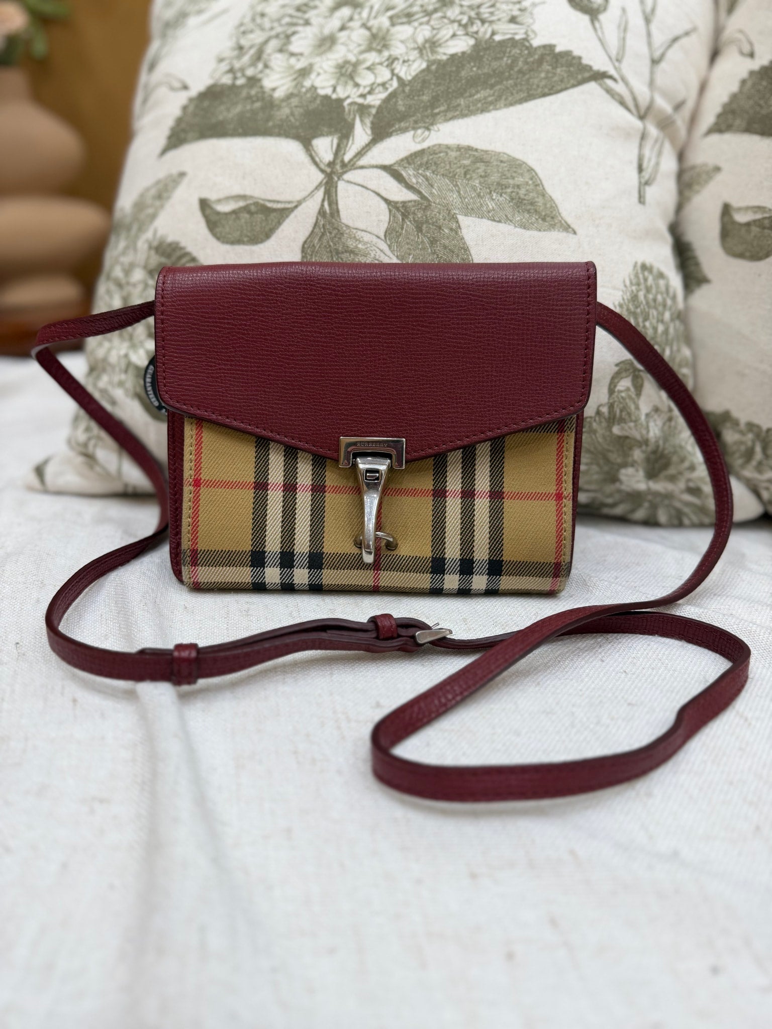 Burberry Tan Vintage Check & Wine Leather Macken Crossbody Bag