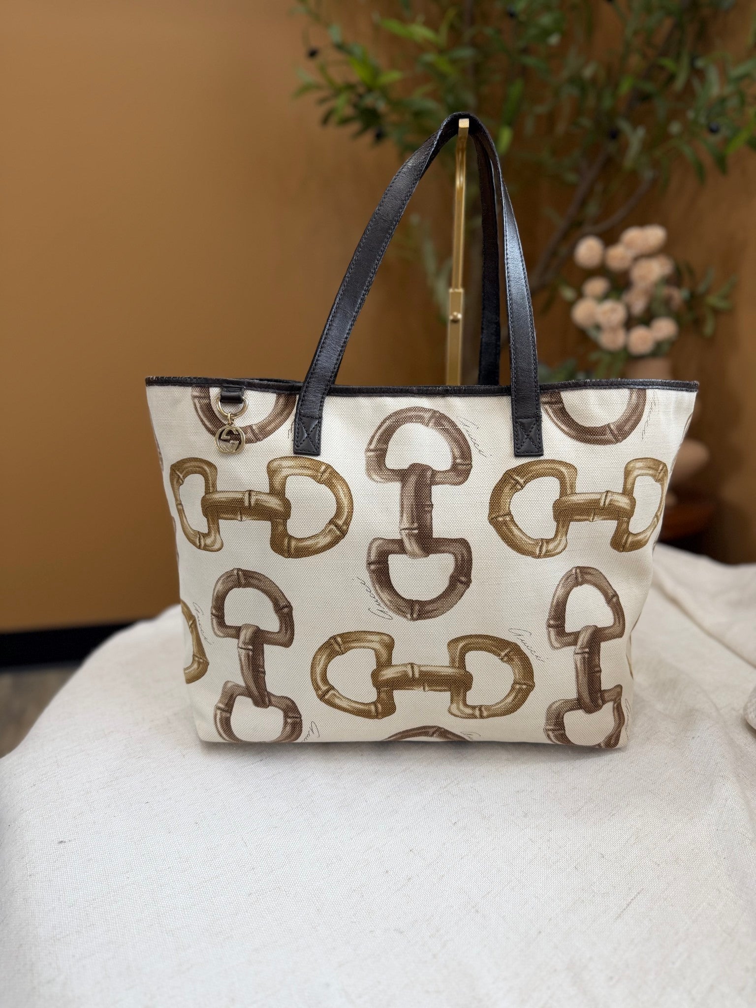 Gucci White Canvas Horsebit Print Tote Bag