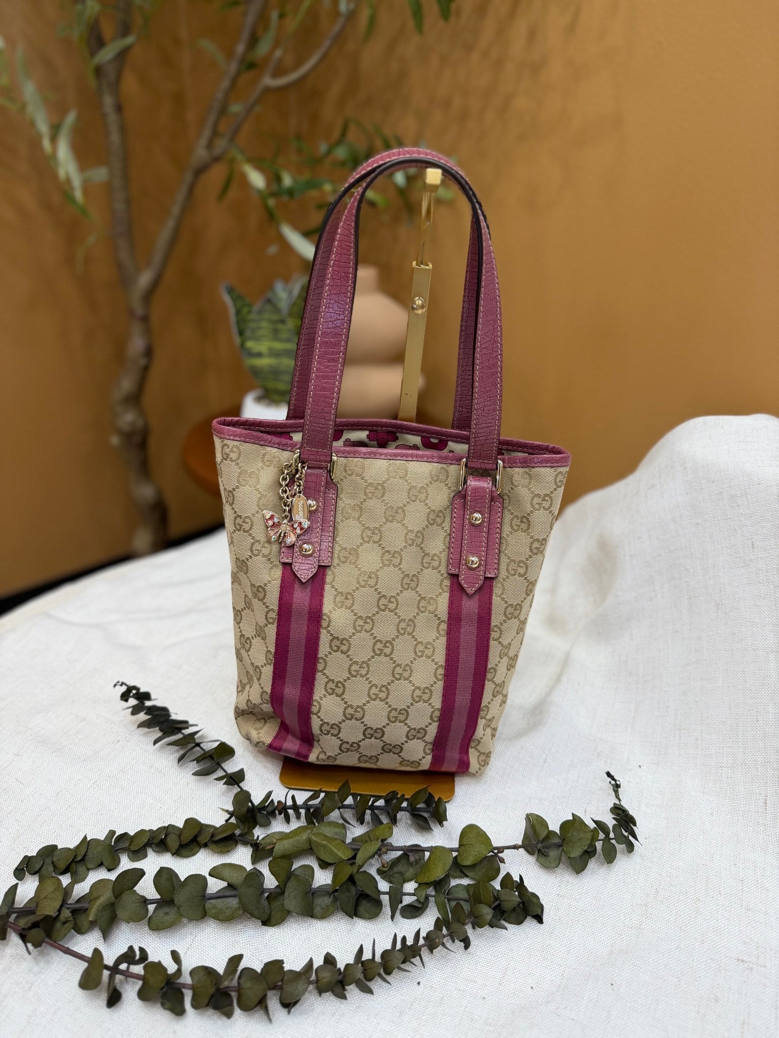 Gucci GG Canvas & Pink Web Bucket Bag