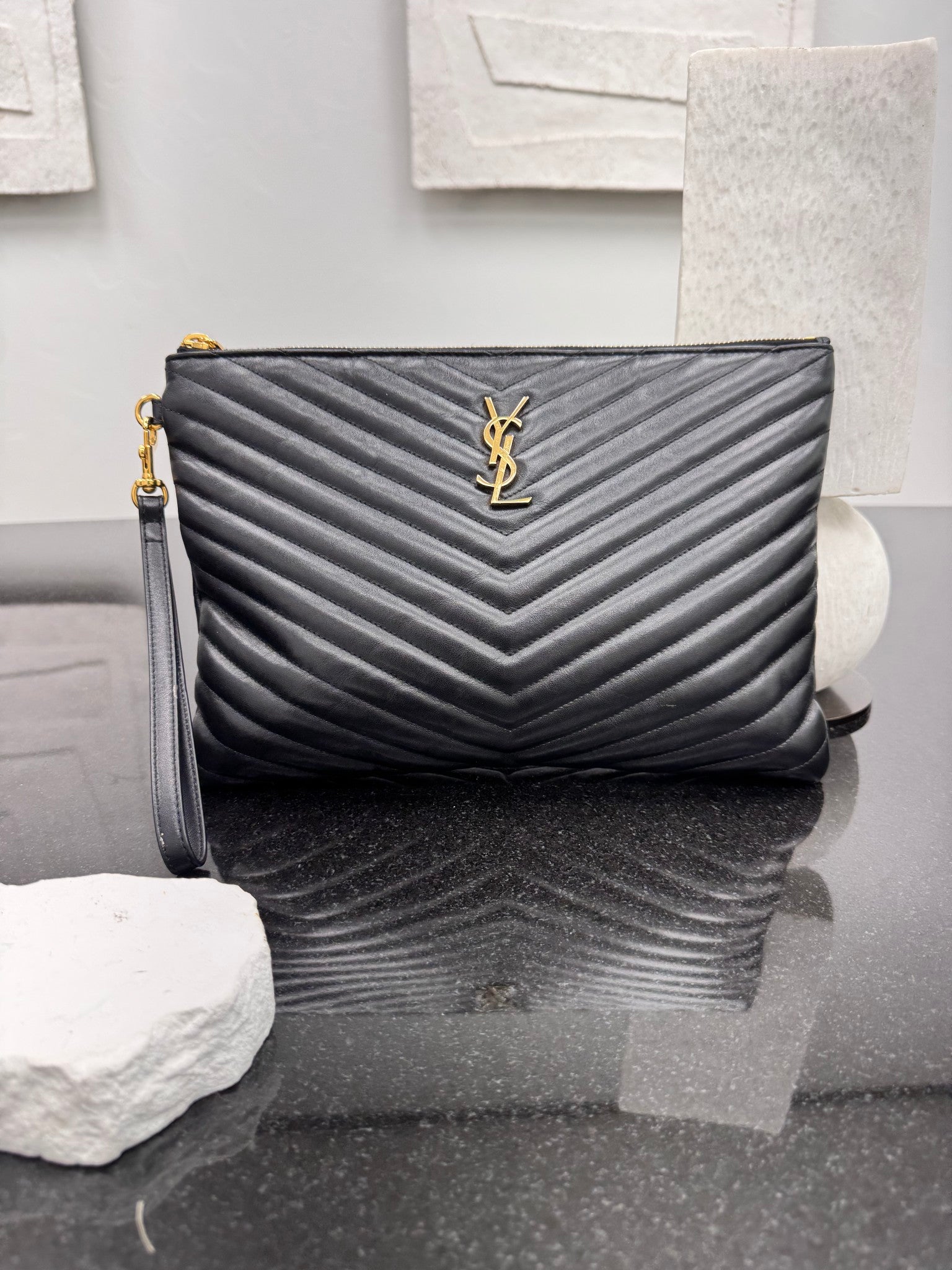 Saint Laurent YSL Black Chevron Quilted Leather Cassandre Large Pouch