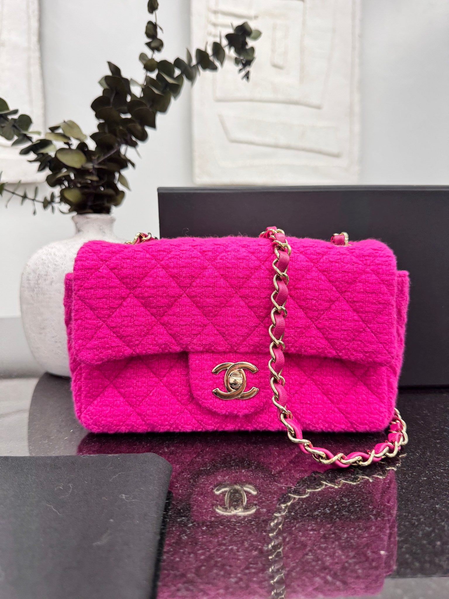 LIKE NEW - Chanel Hot Pink Tweed Rectangular Mini Flap Bag