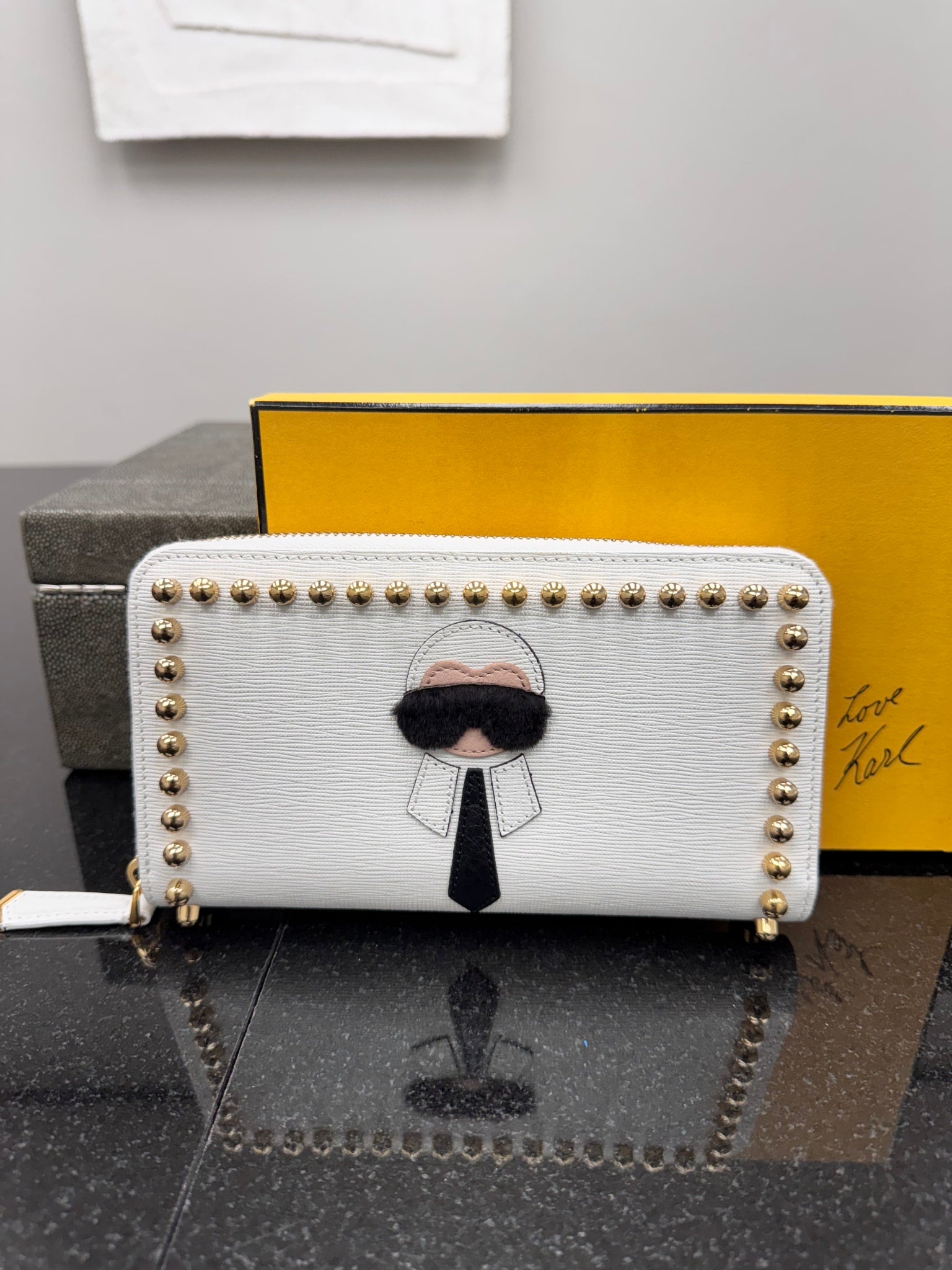 Fendi White Studded Karlito Long Zippy Wallet