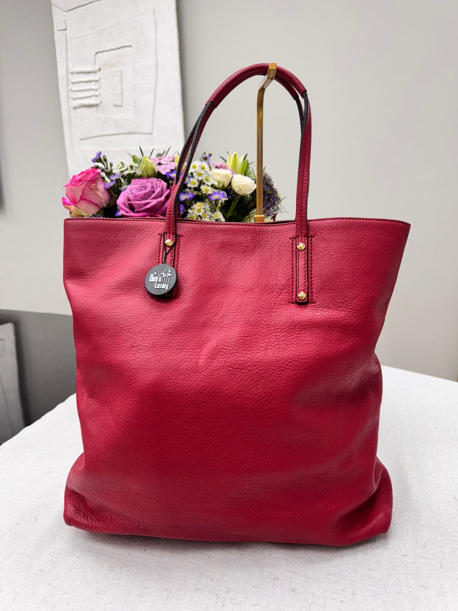 MCM Dark Red Grained Leather Dragon Tote Bag