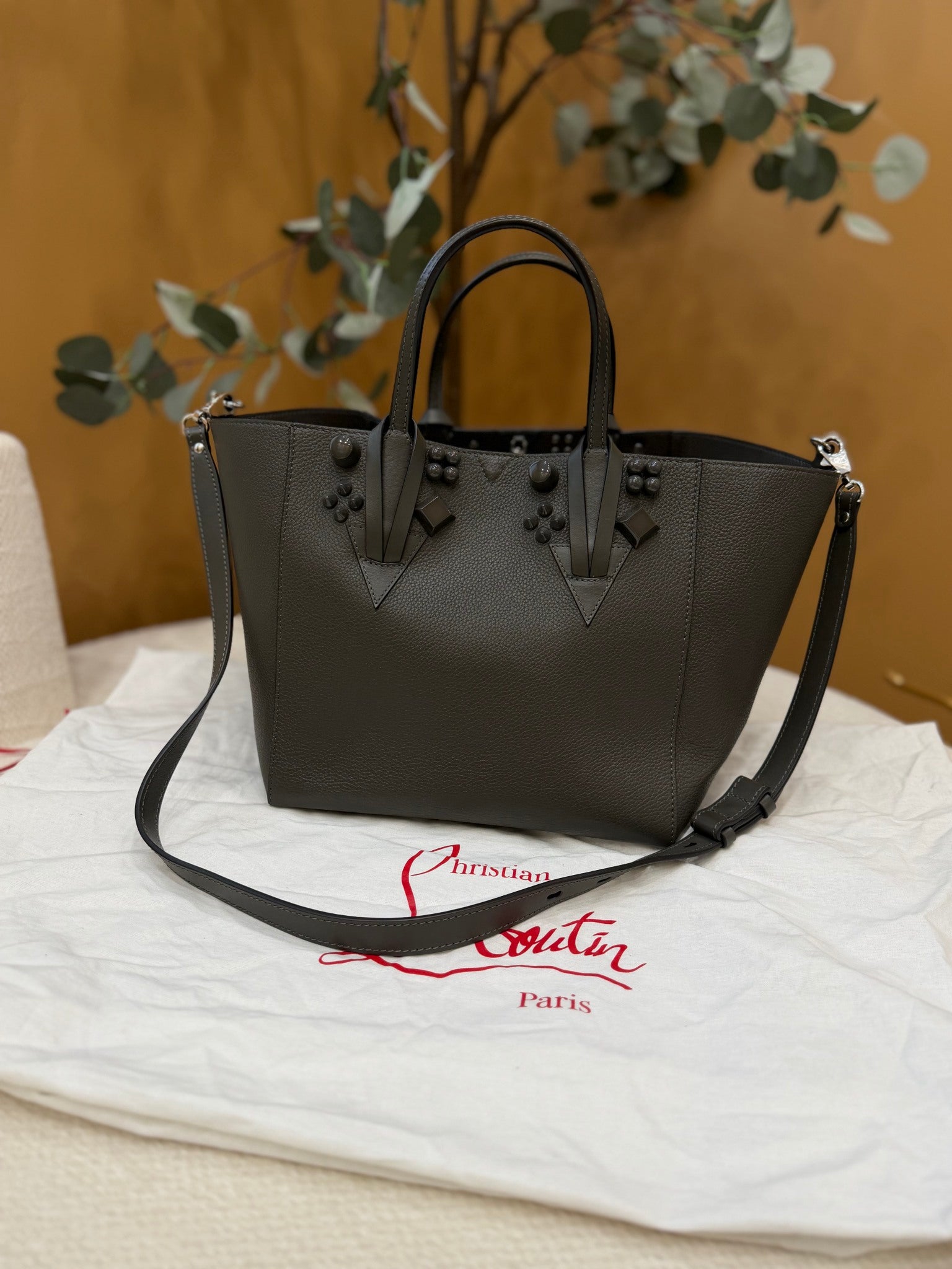 Christian Louboutin Gray Pebbled Leather Studded Tote