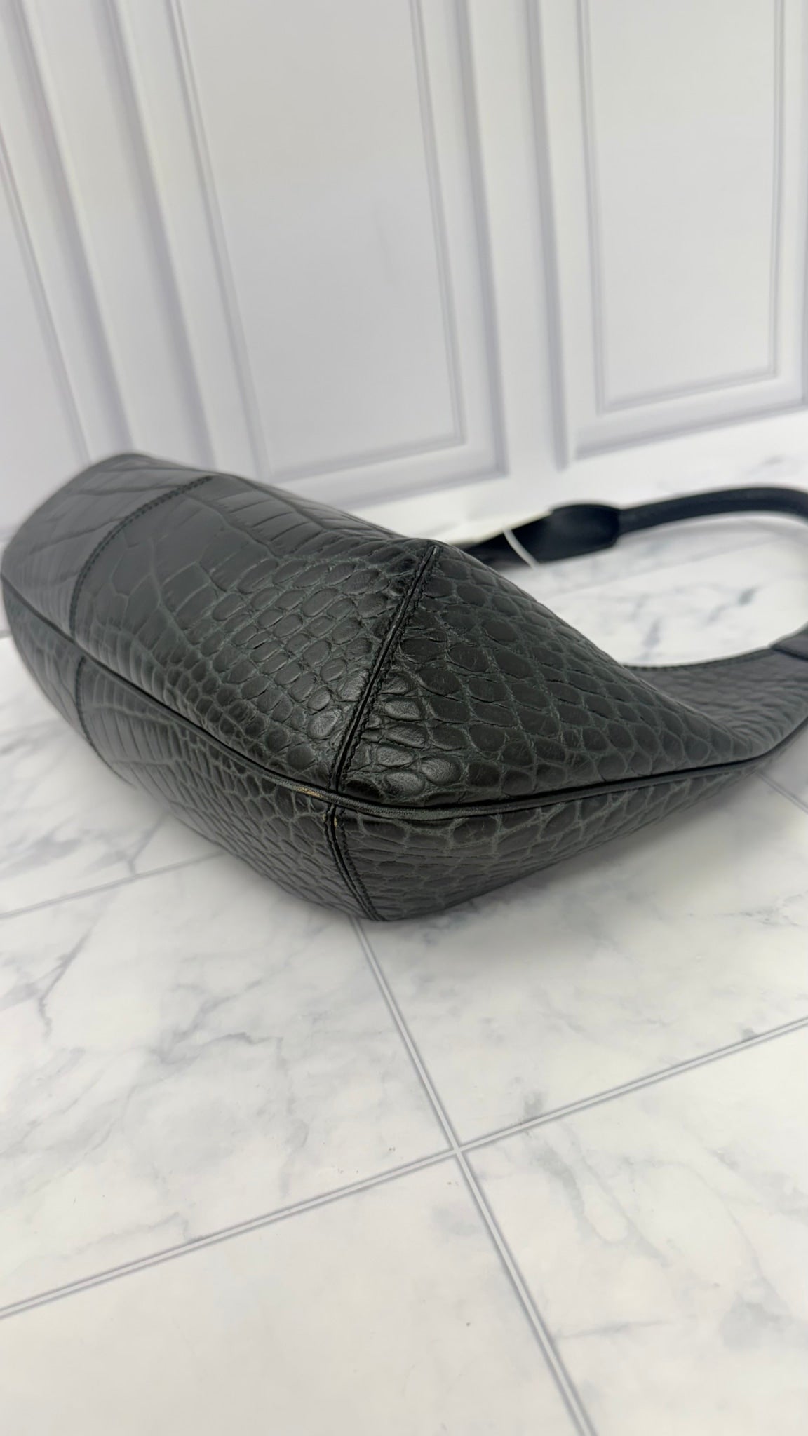 Salvatore Ferragamo Black Croc Embossed Shoulder Bag