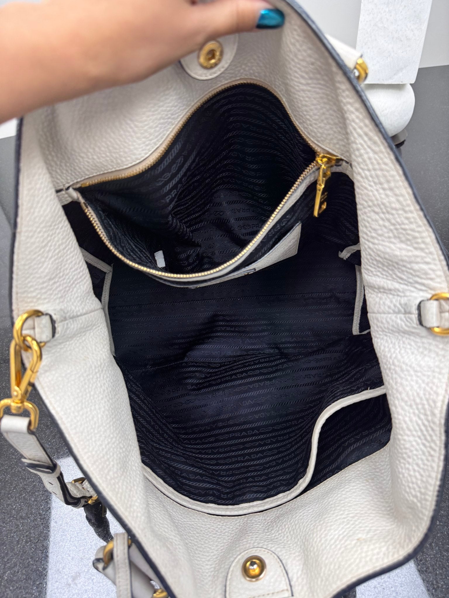 Prada Ivory Pebbled Leather Large 2 Way Bag