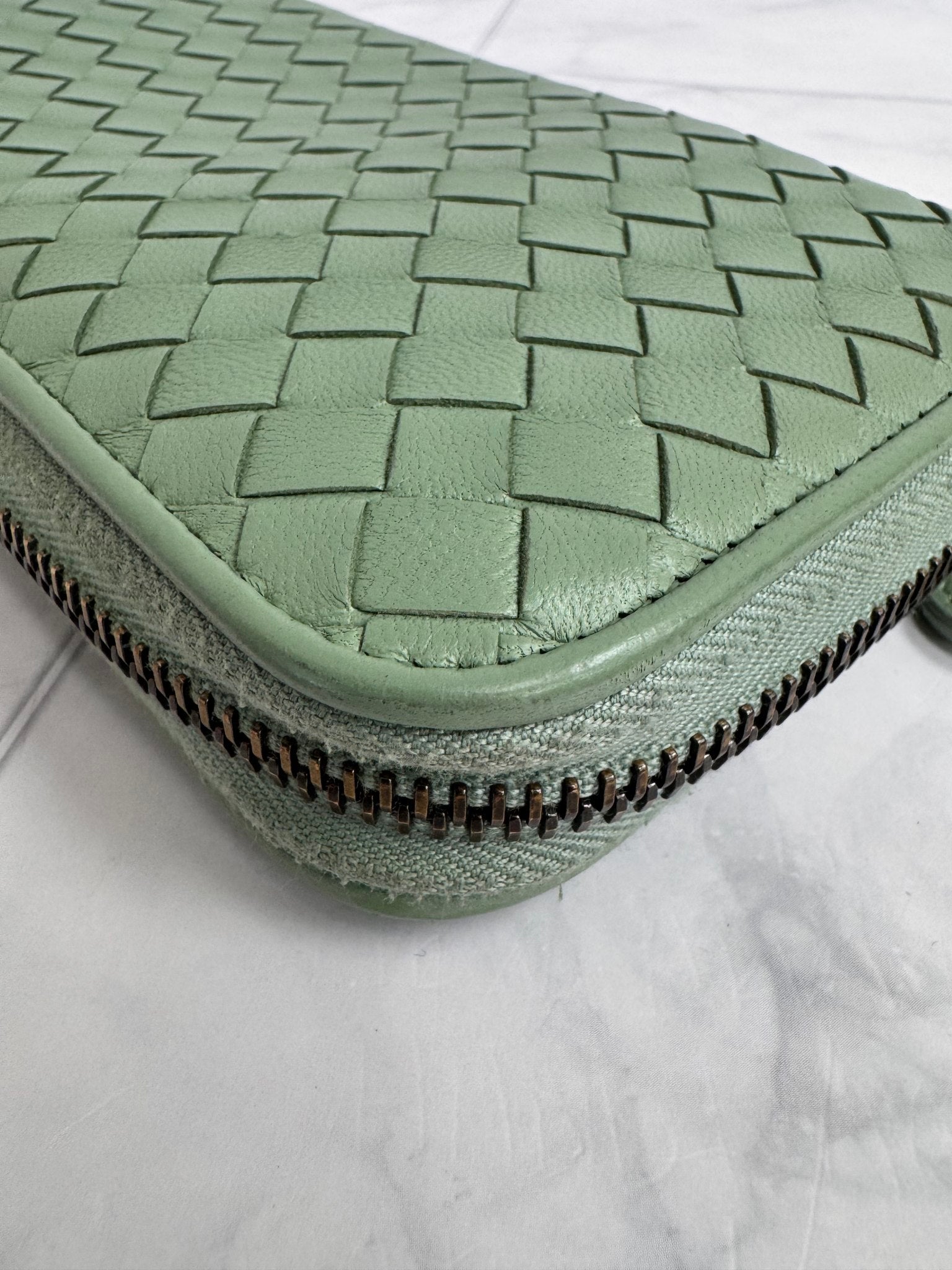 Bottega Veneta Mint Green Intrecciato Leather Long Zippy Wallet