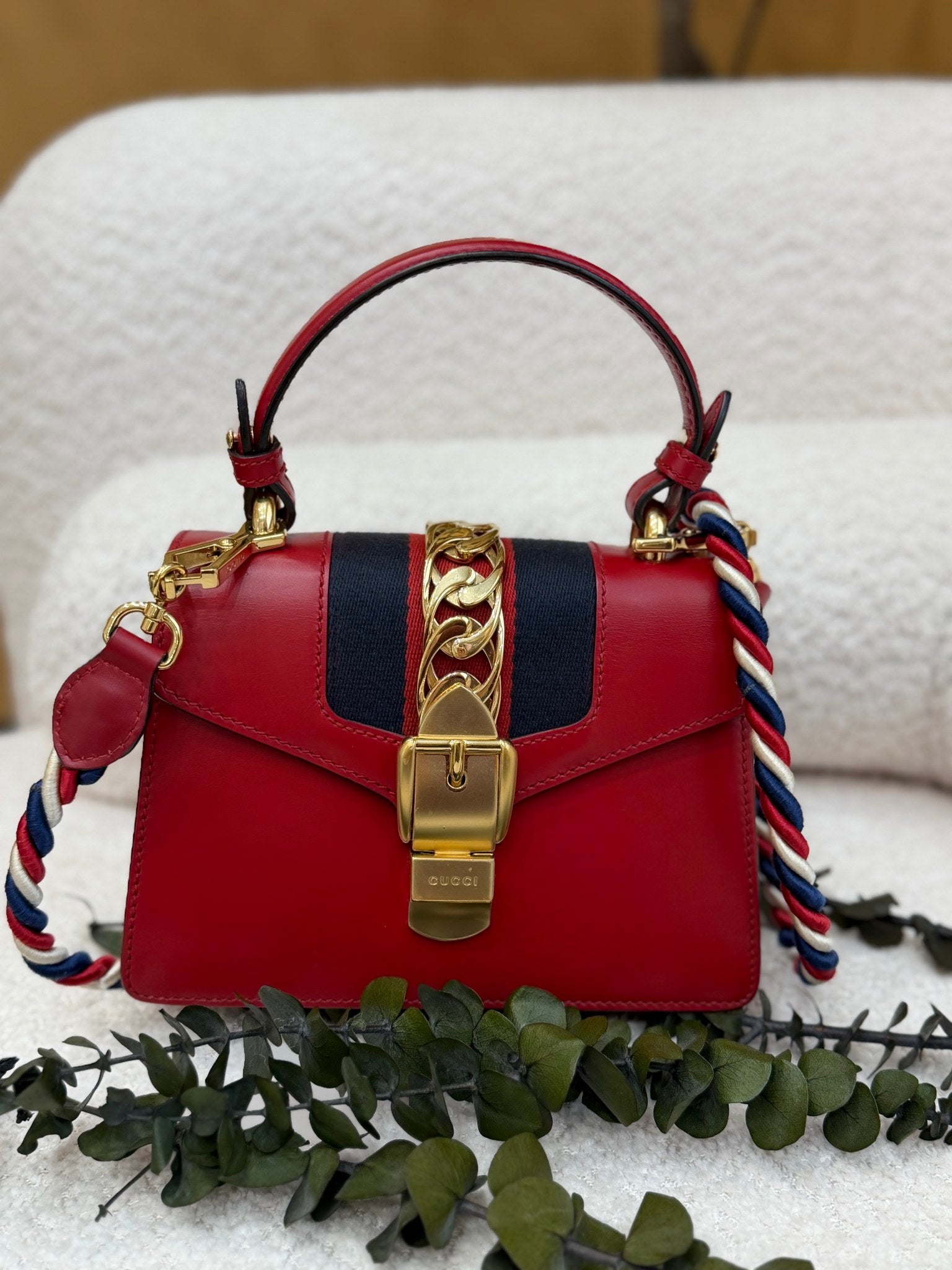 Gucci Red Calfskin Sylvie Mini Top Handle Bag