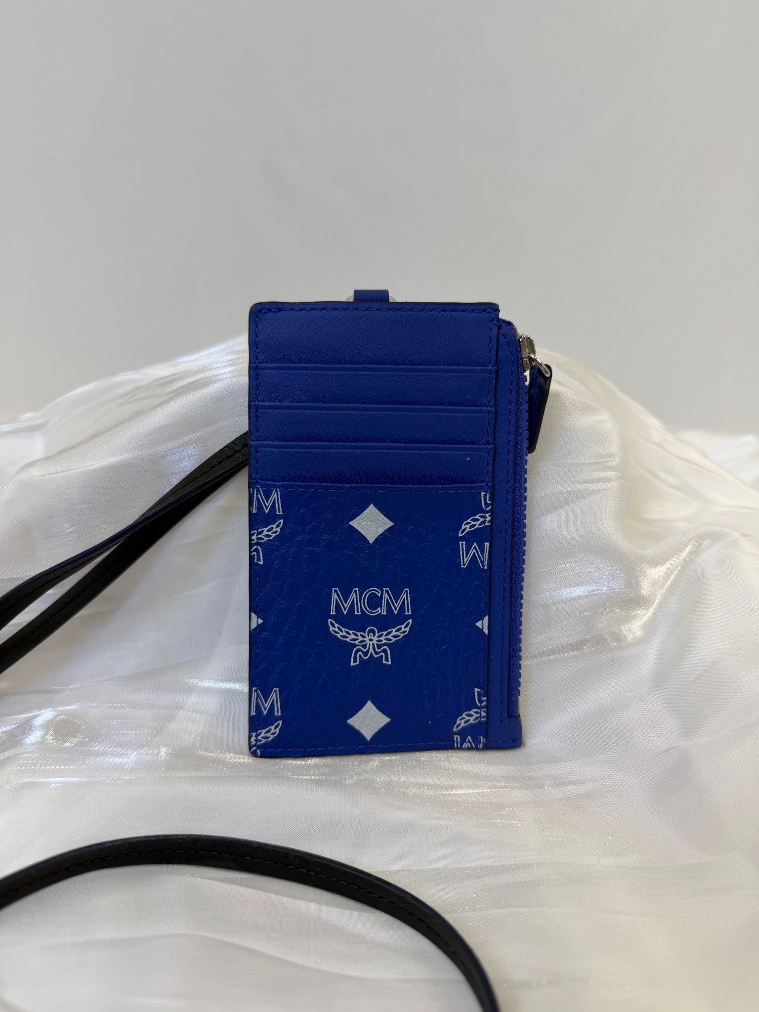MCM Blue Leather Aren Lanyard ID Wallet