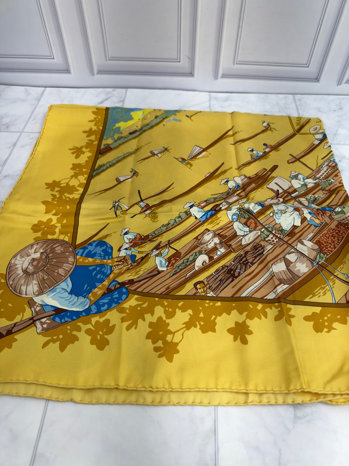 Hermes Yellow Silk Marche Flottant Du Lac Inle Scarf