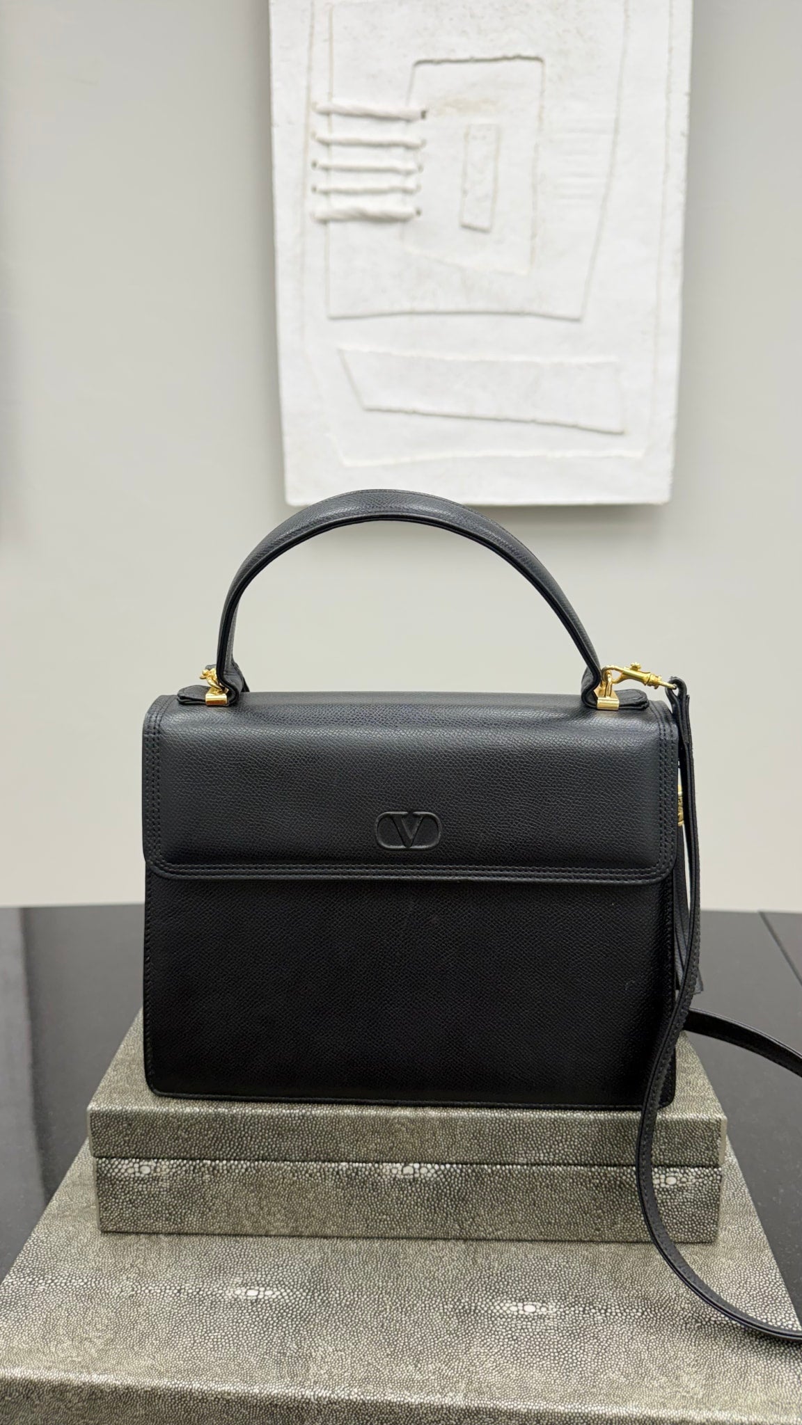Valentino Black Grained Leather Top Handle Crossbody Bag