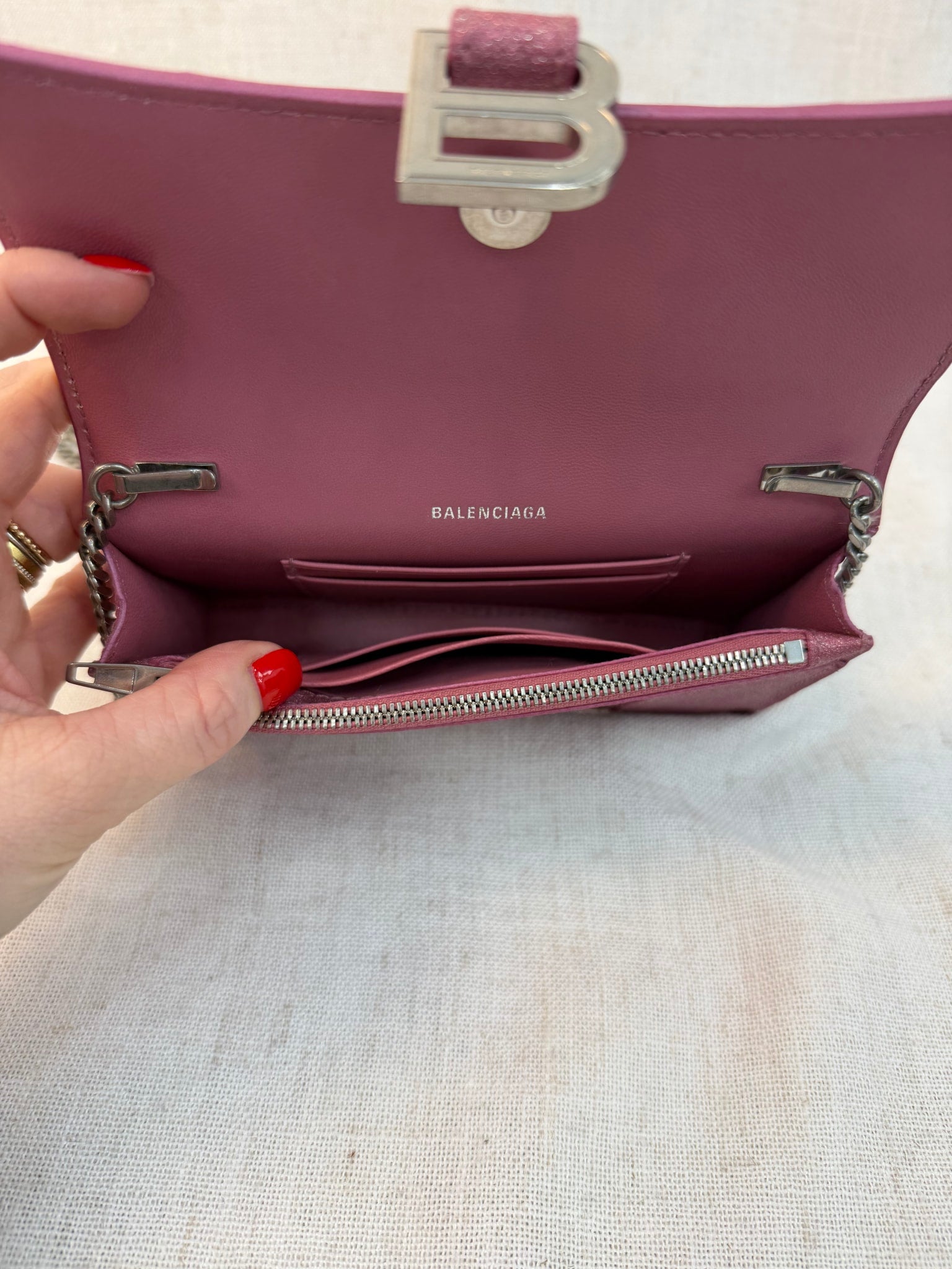 Balenciaga Pink Metallic XS Hourglass Crossbody Bag