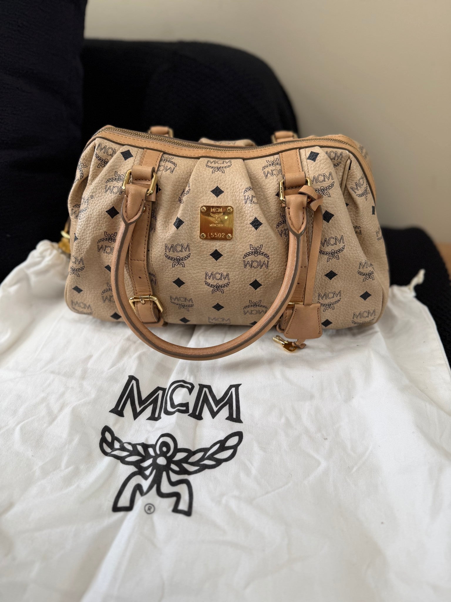Mcm Cream Visetos Leather Boston Bag